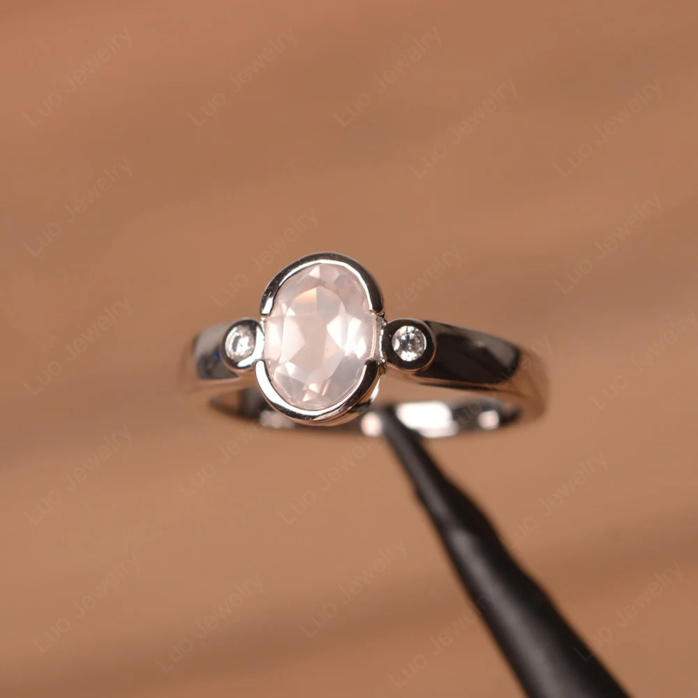 Vintage Rose Quartz Ring Oval Bezel Set Ring