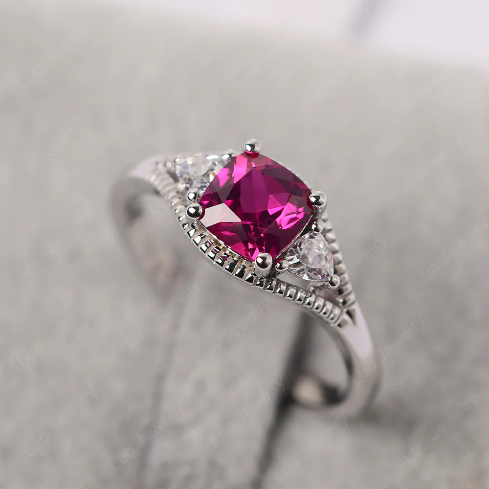 Ruby Three Stone Cushion Cut Ring - Image 2