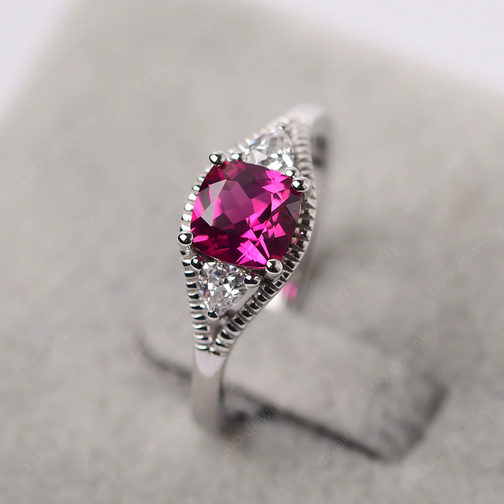Ruby Three Stone Cushion Cut Ring - Image 3
