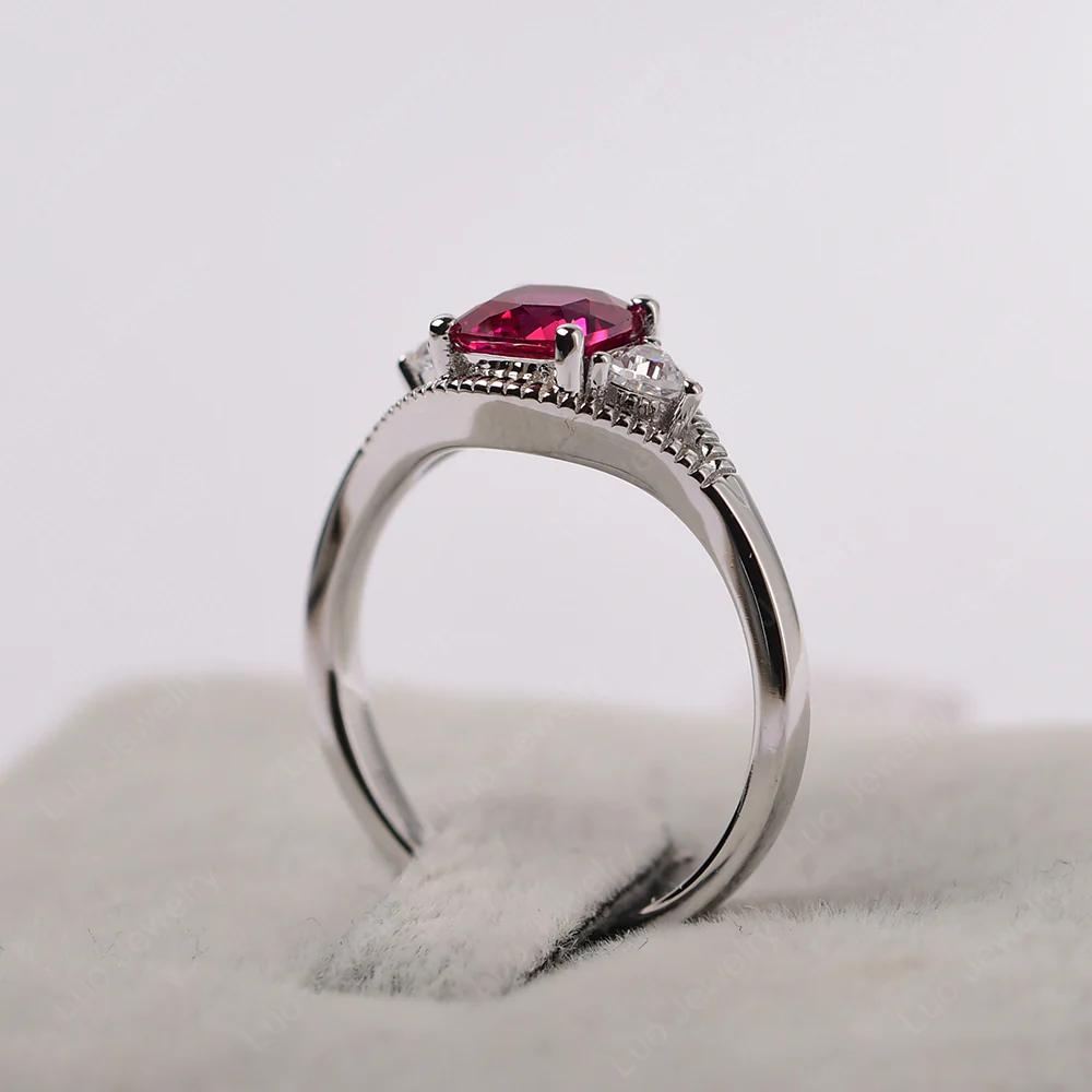 Ruby Three Stone Cushion Cut Ring - Image 4