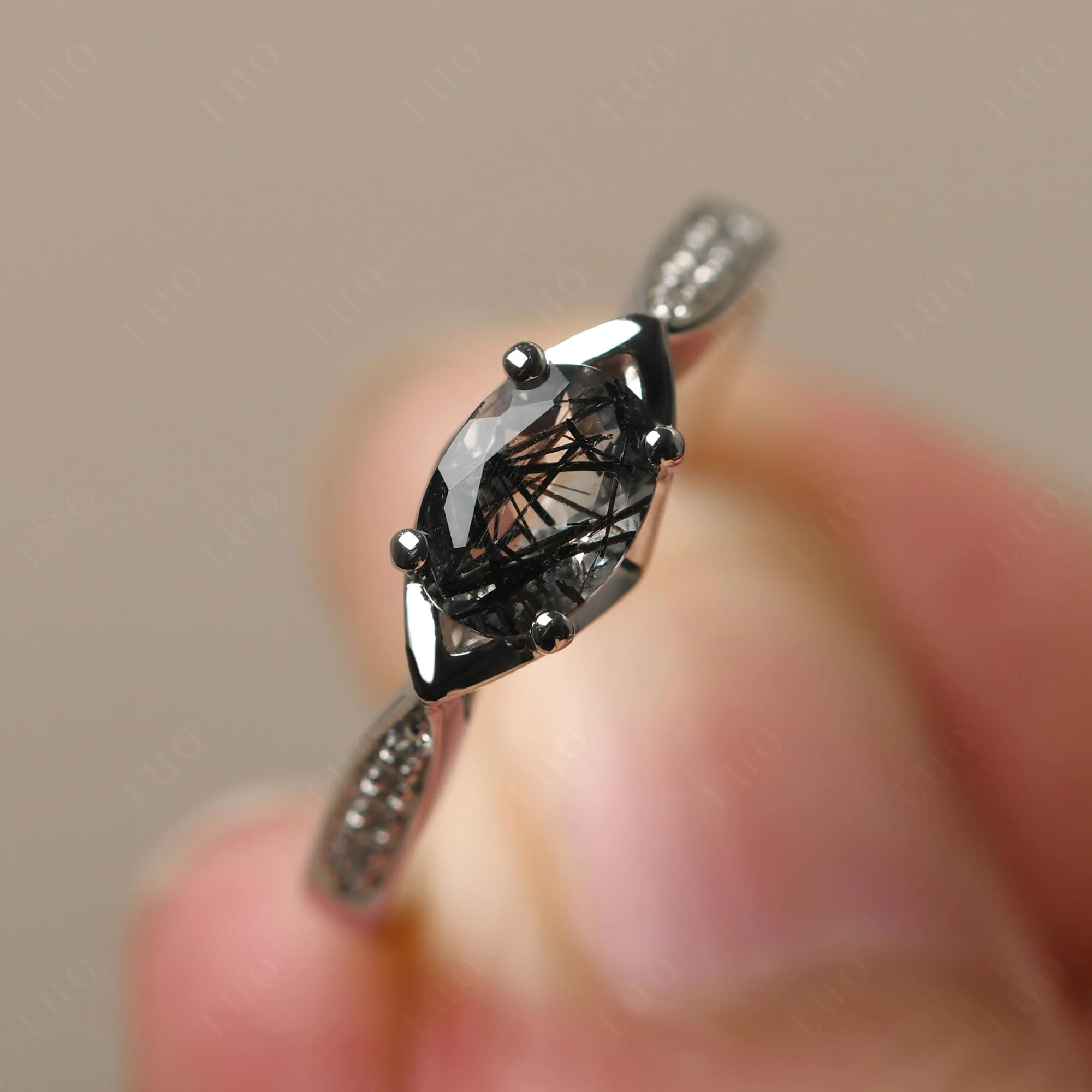 Petite Oval Horizontal Black Rutilated Quartz Ring - Image 10