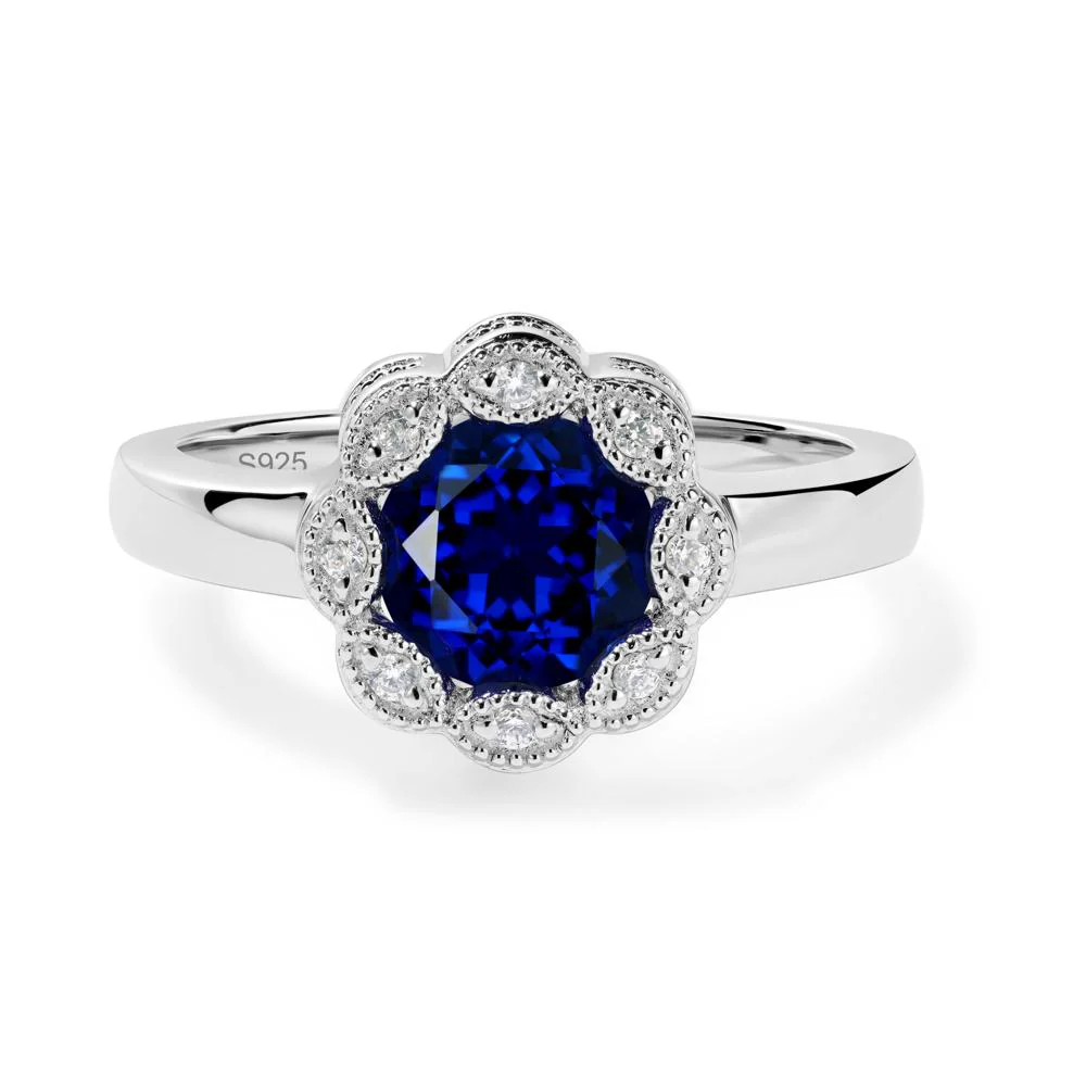 Vintage Sapphire Ring Halo Flower Ring