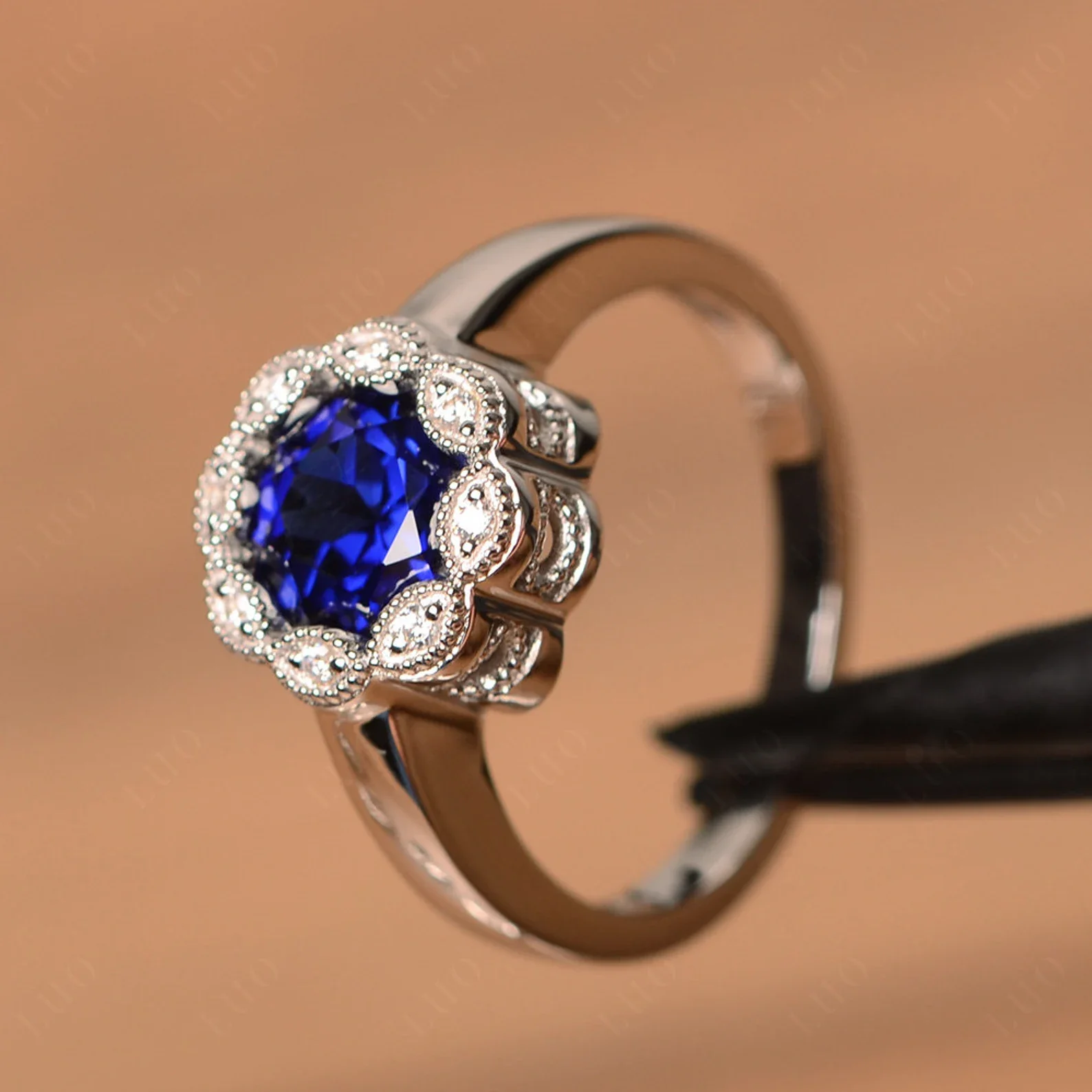 Vintage Sapphire Ring Halo Flower Ring - Image 11