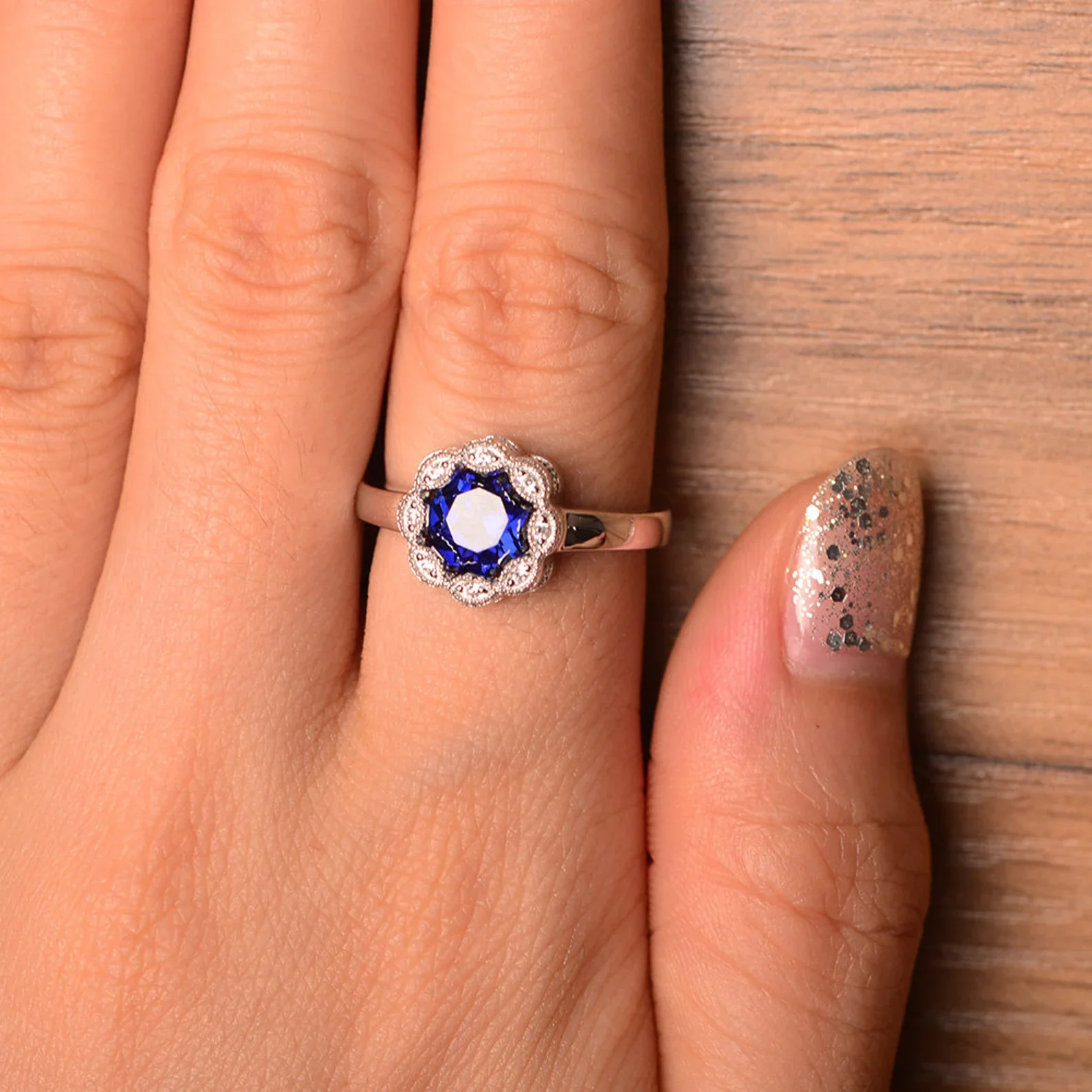 Vintage Sapphire Ring Halo Flower Ring - Image 13