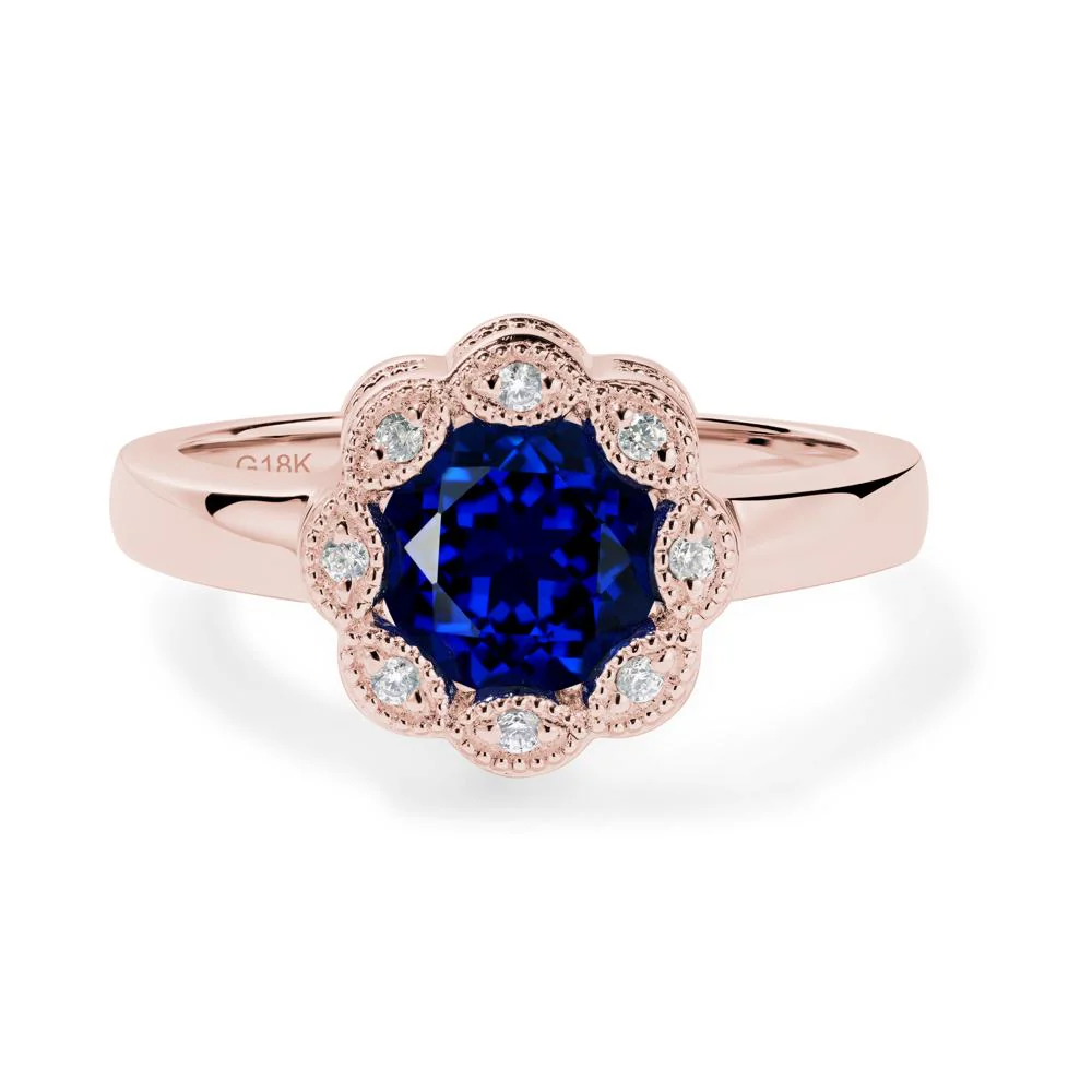 Vintage Sapphire Ring Halo Flower Ring - Image 2