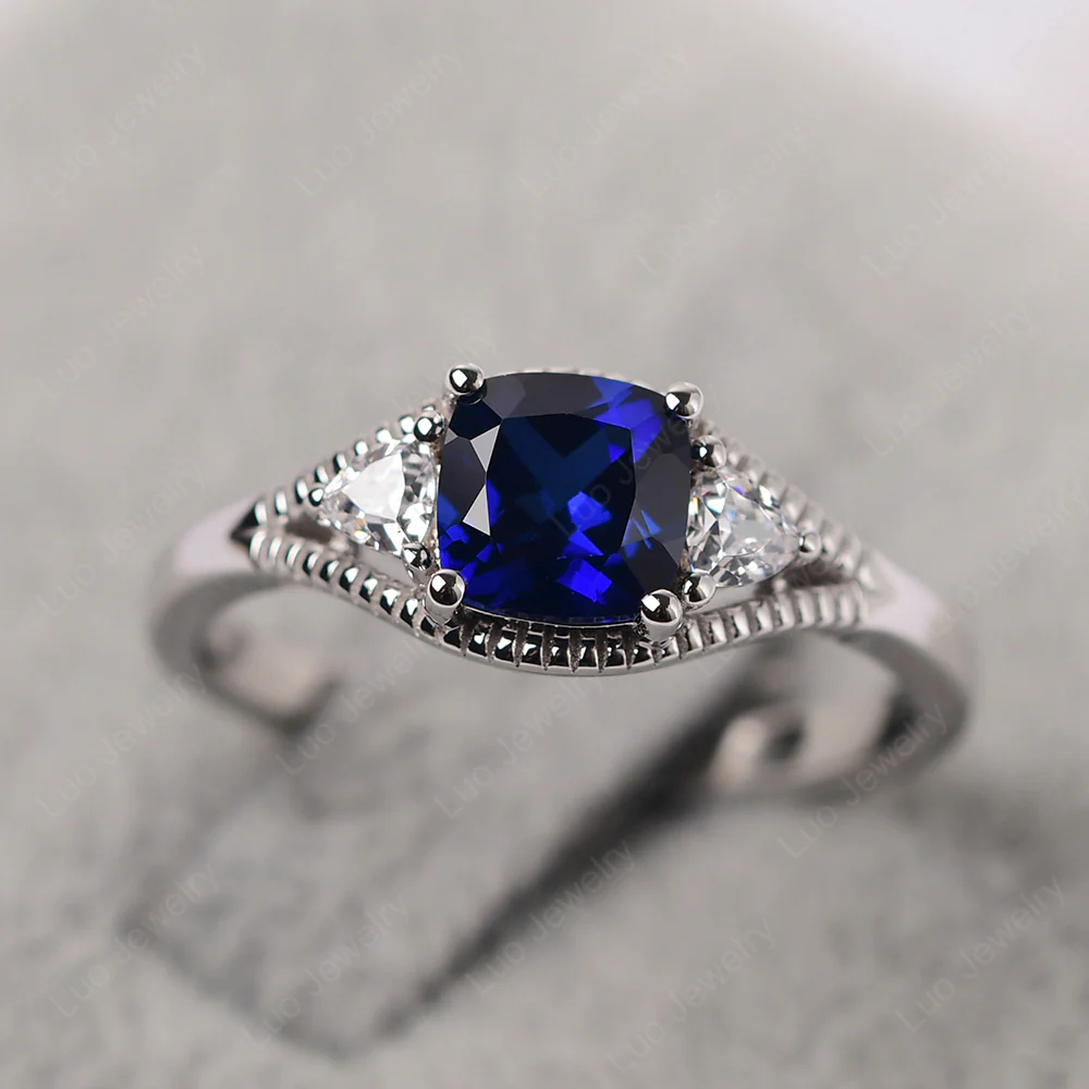 Sapphire Milgrain Trilogy Engagement Ring