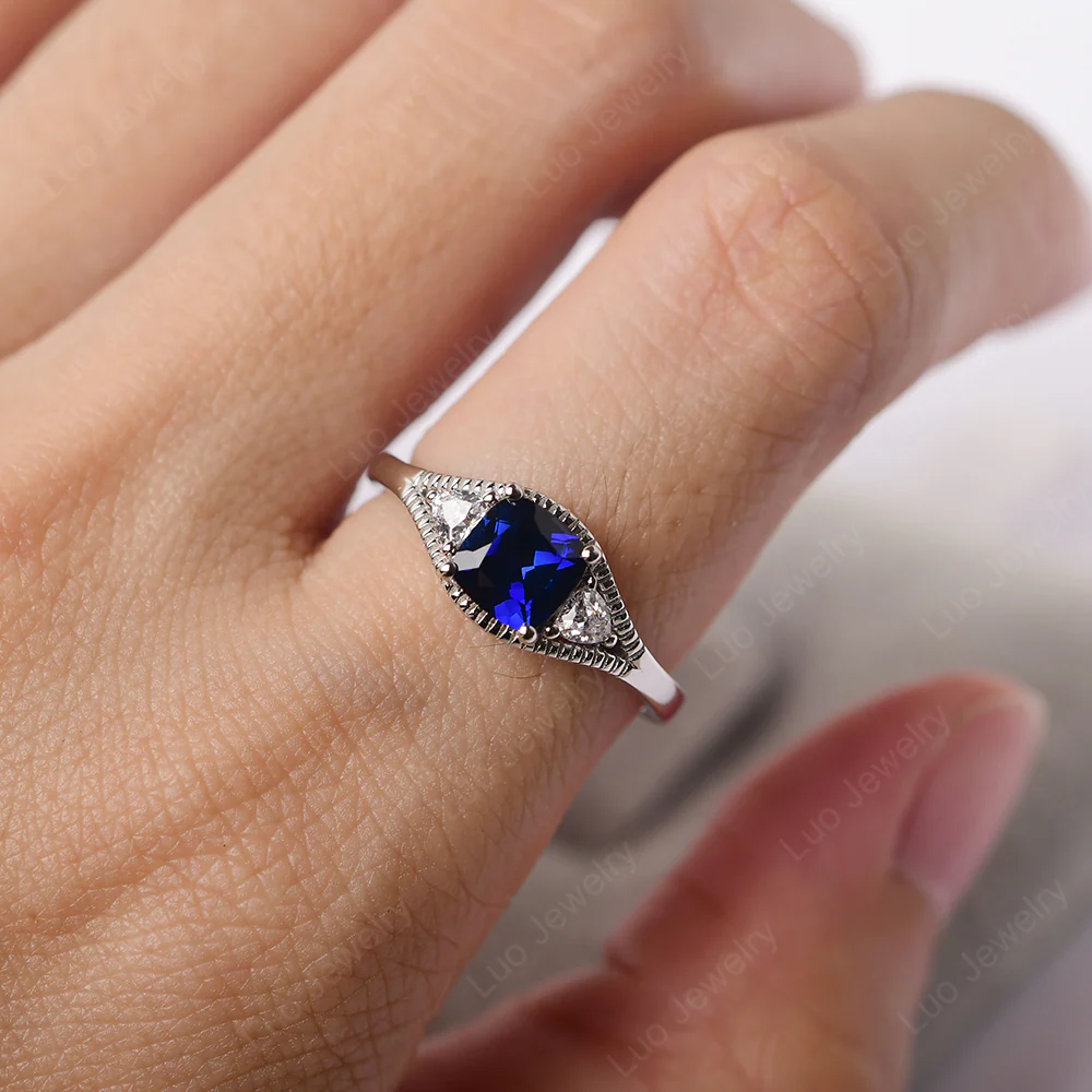 Sapphire Milgrain Trilogy Engagement Ring - Image 6