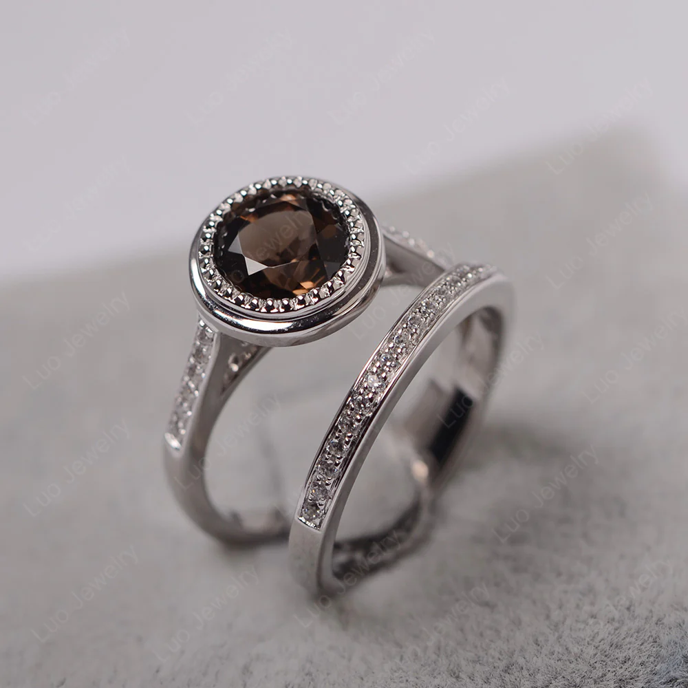 Vintage Style Smoky Quartz Bridal Rings Set - Image 2