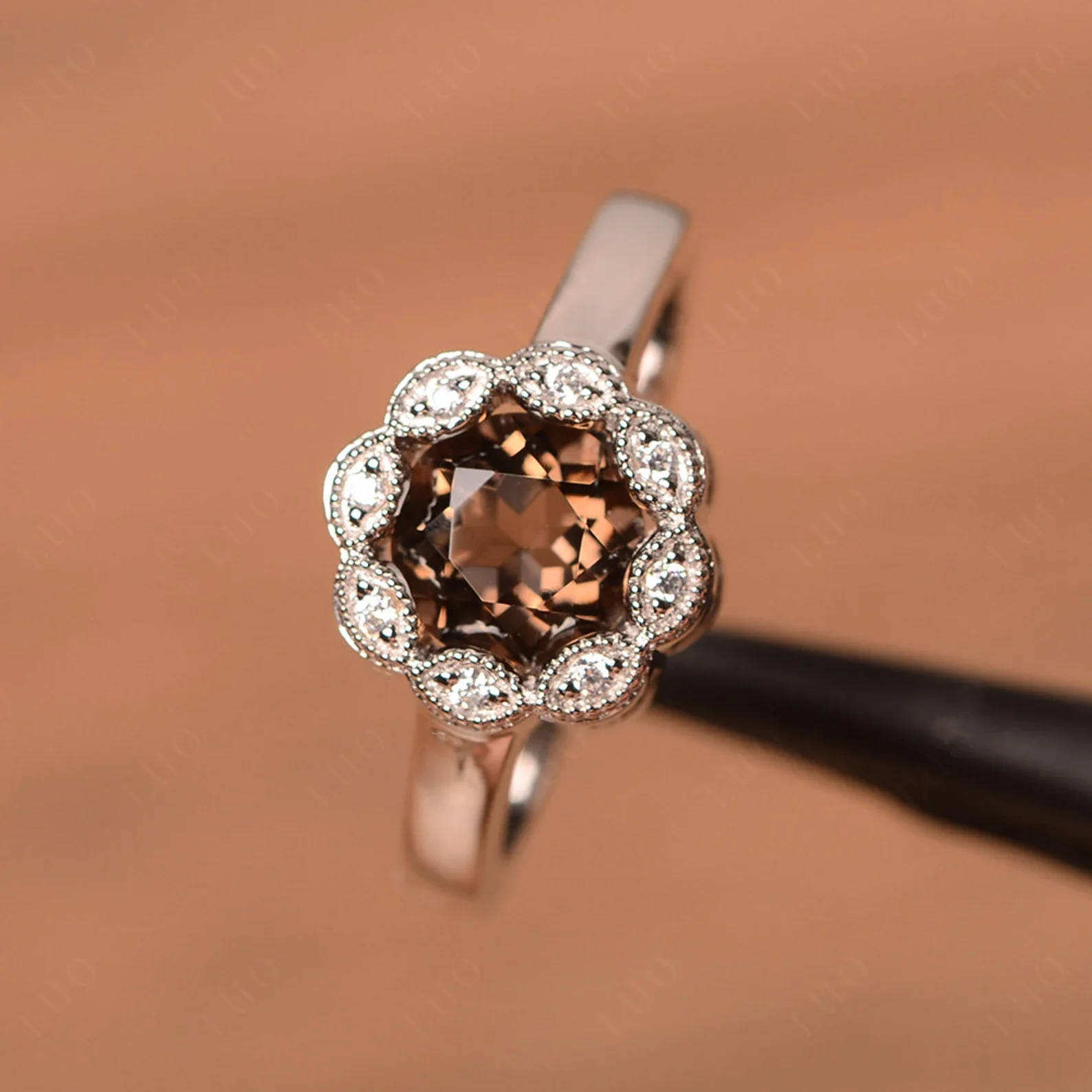 Vintage Smoky Quartz Ring Halo Flower Ring - Image 10