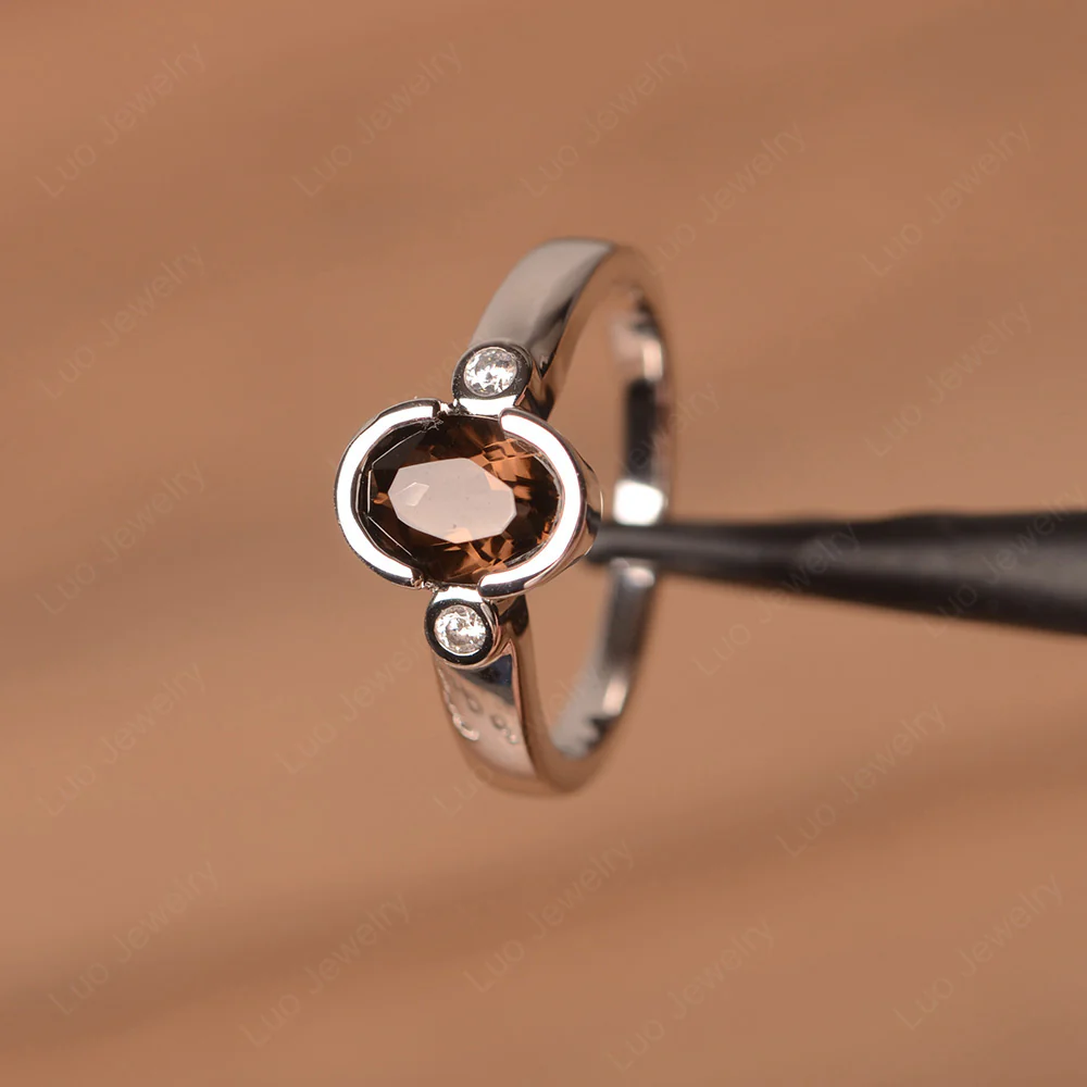 Vintage Smoky Quartz Ring Oval Bezel Set Ring - Image 2