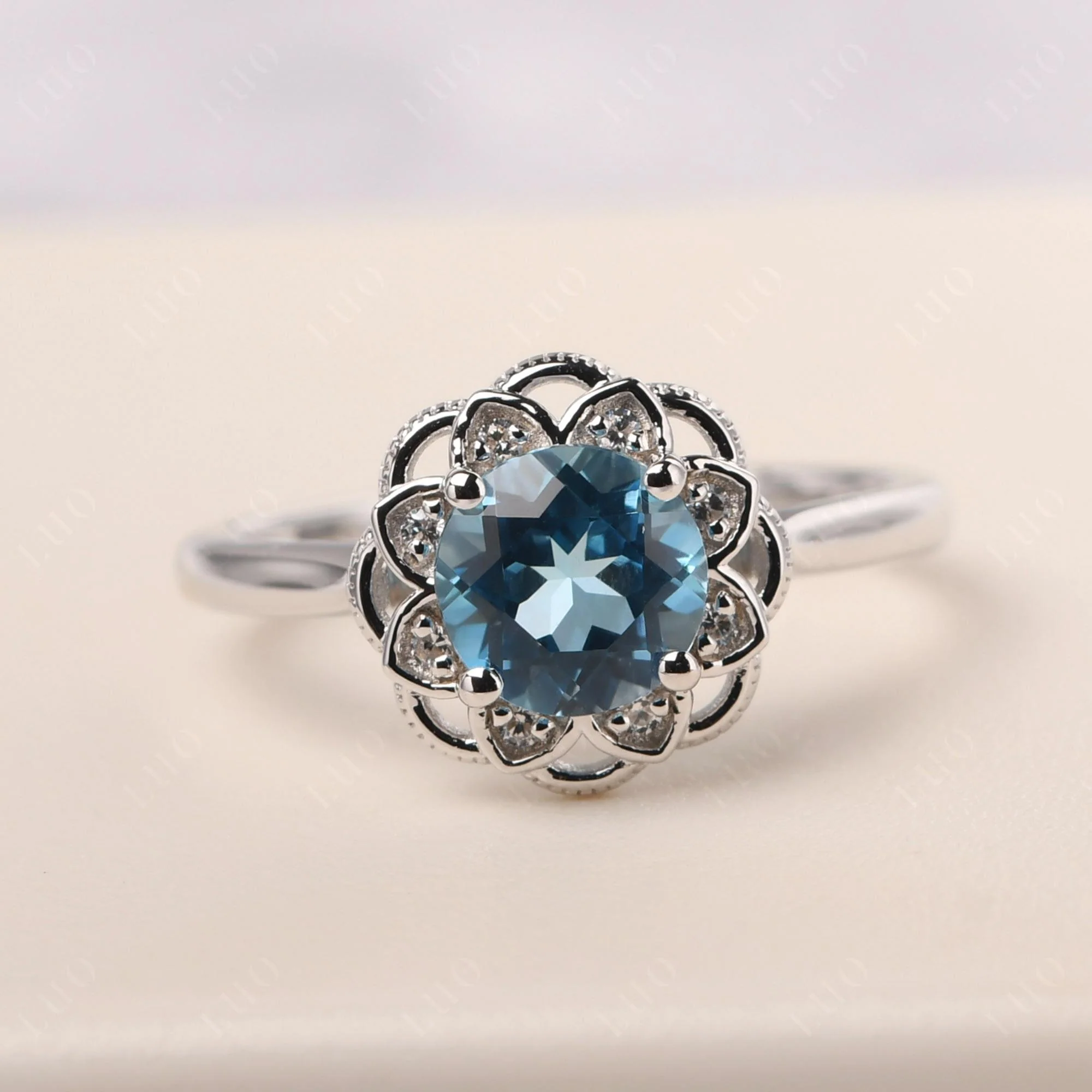 Round Cut Swiss Blue Topaz Filigree Ring - Image 10