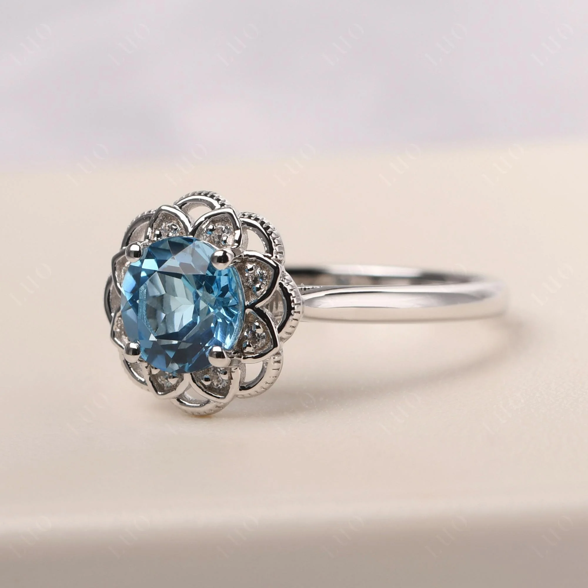 Round Cut Swiss Blue Topaz Filigree Ring - Image 11
