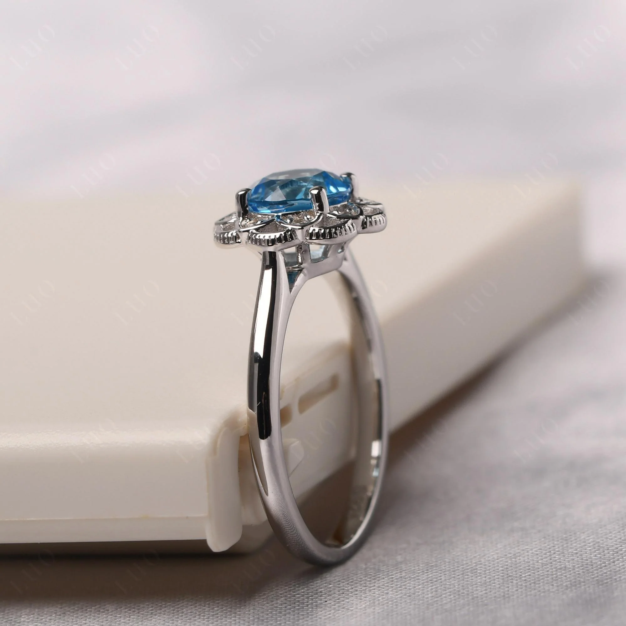 Round Cut Swiss Blue Topaz Filigree Ring - Image 13