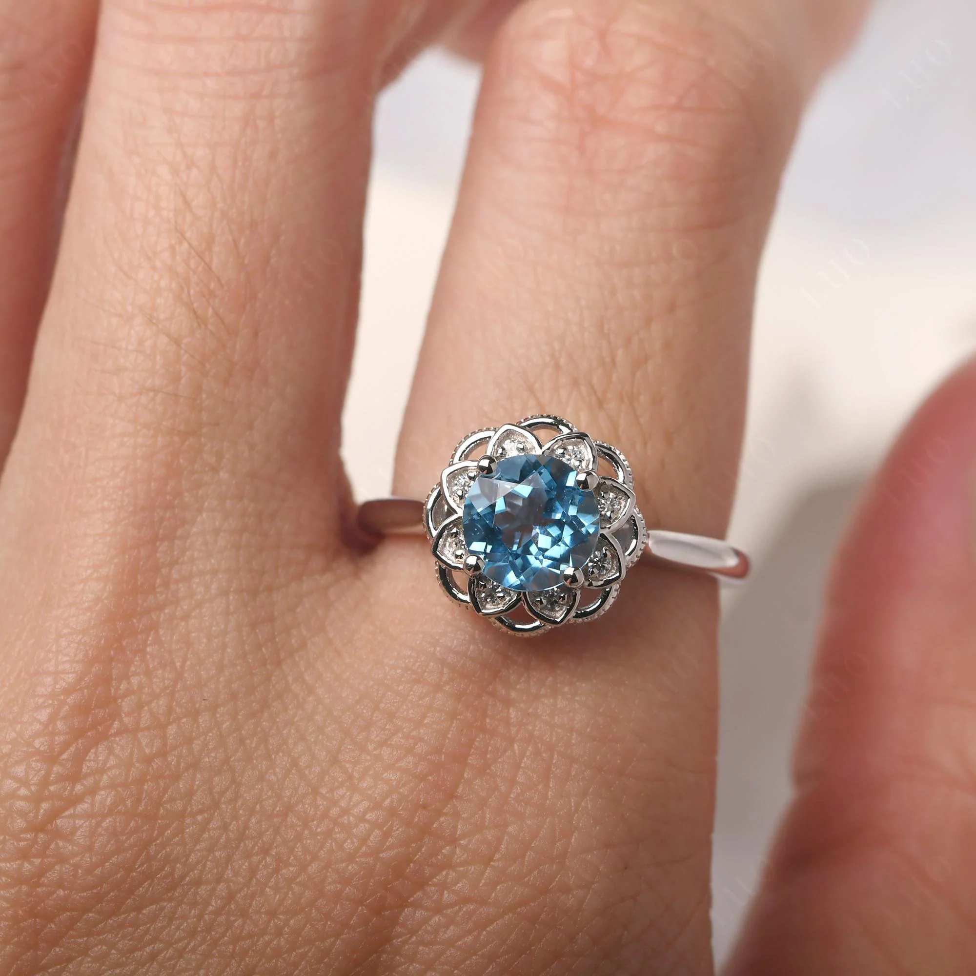 Round Cut Swiss Blue Topaz Filigree Ring - Image 14