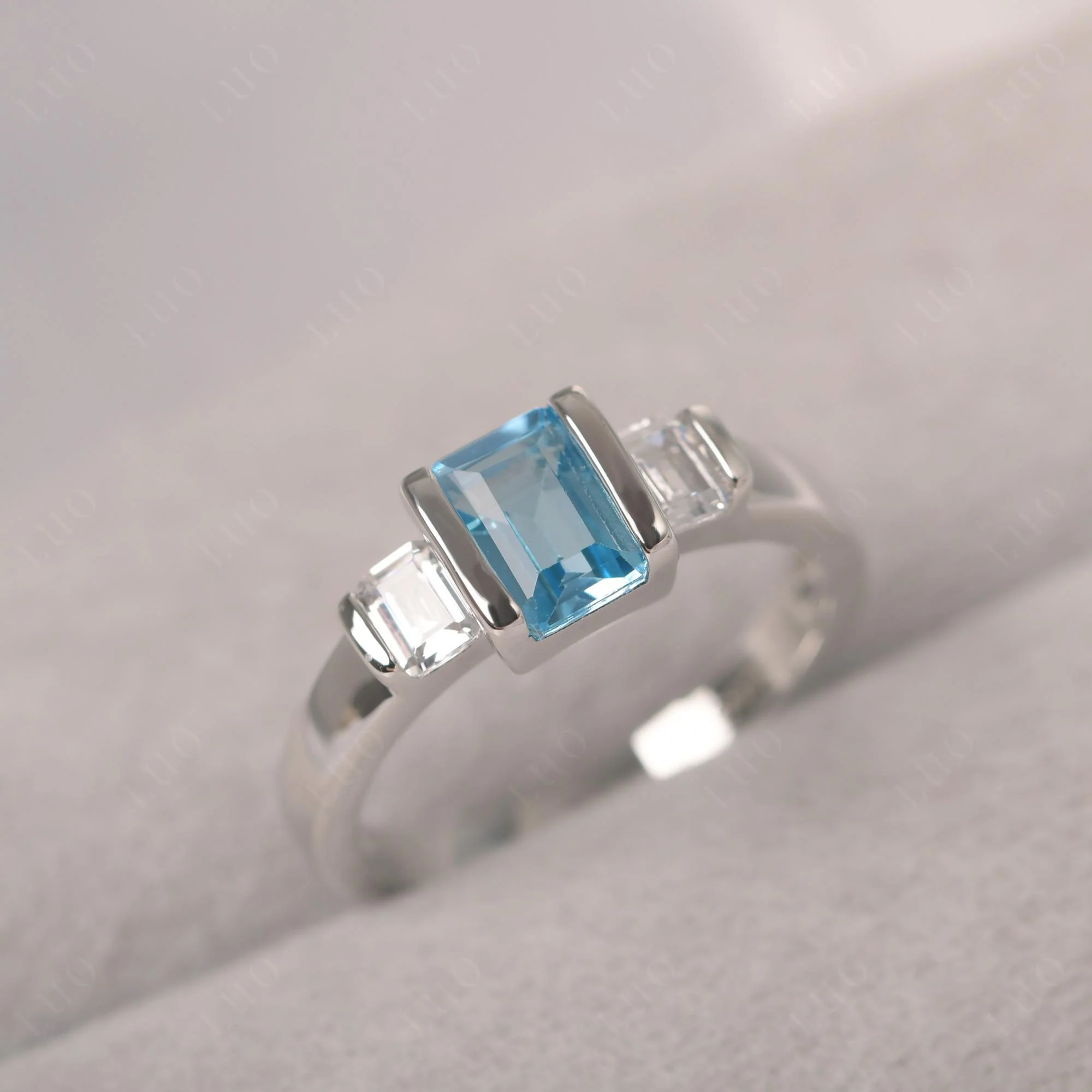 Swiss Blue Topaz Emerald Cut Three Stone Ring - Image 10