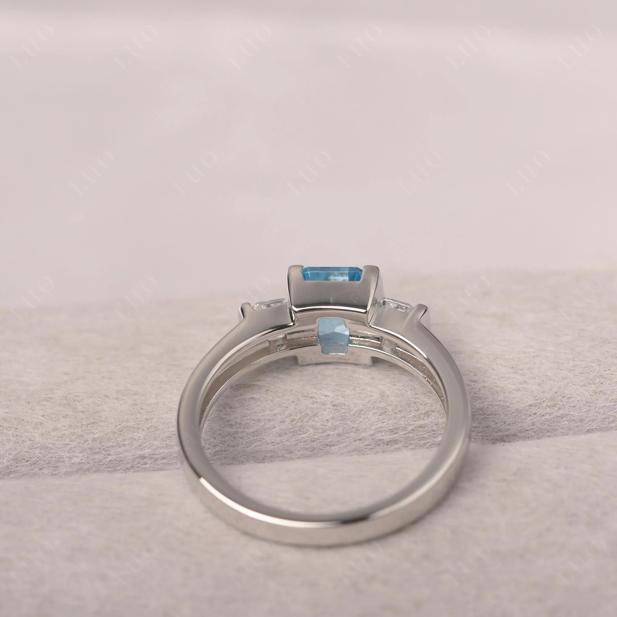 Swiss Blue Topaz Emerald Cut Three Stone Ring - Image 12