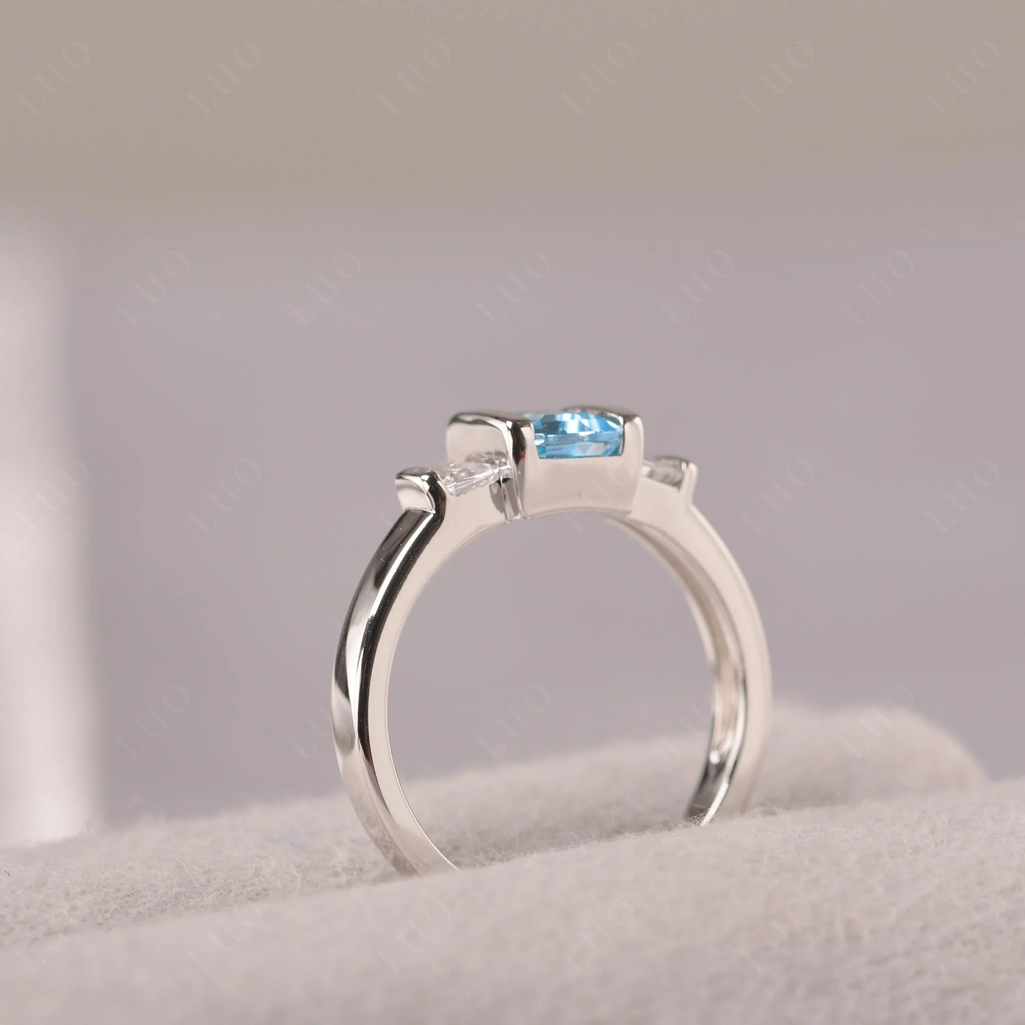 Swiss Blue Topaz Emerald Cut Three Stone Ring - Image 13
