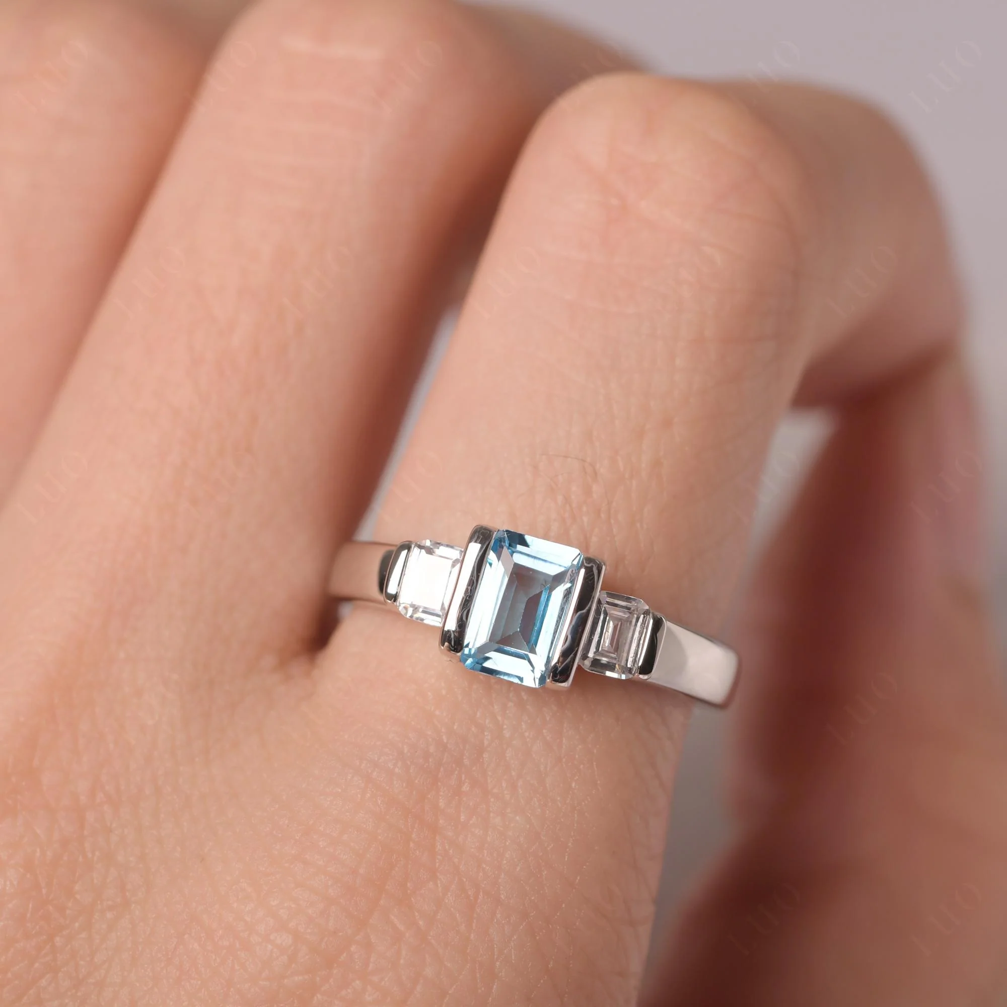 Swiss Blue Topaz Emerald Cut Three Stone Ring - Image 14