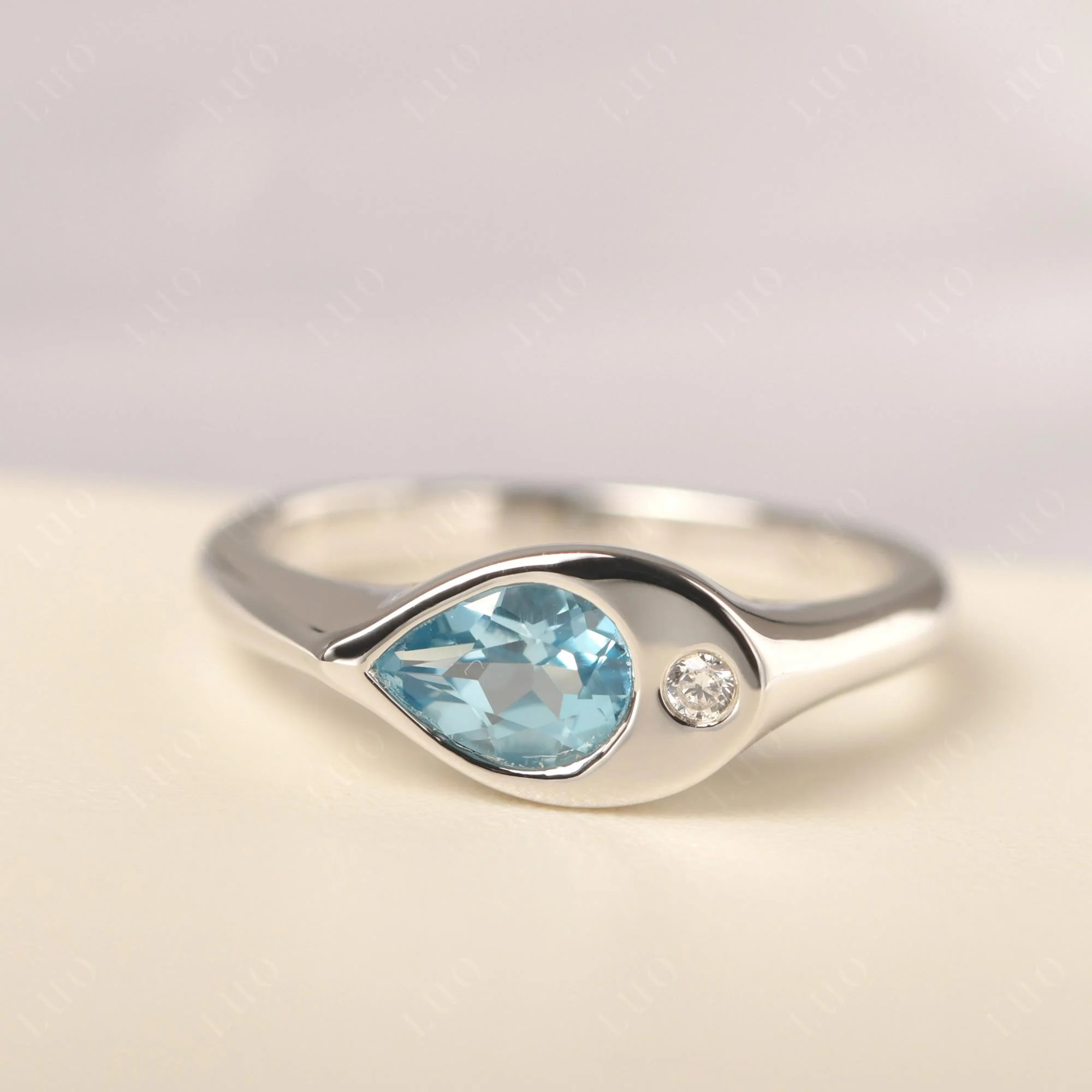 Swiss Blue Topaz East West Pear Engagement Ring - Image 11