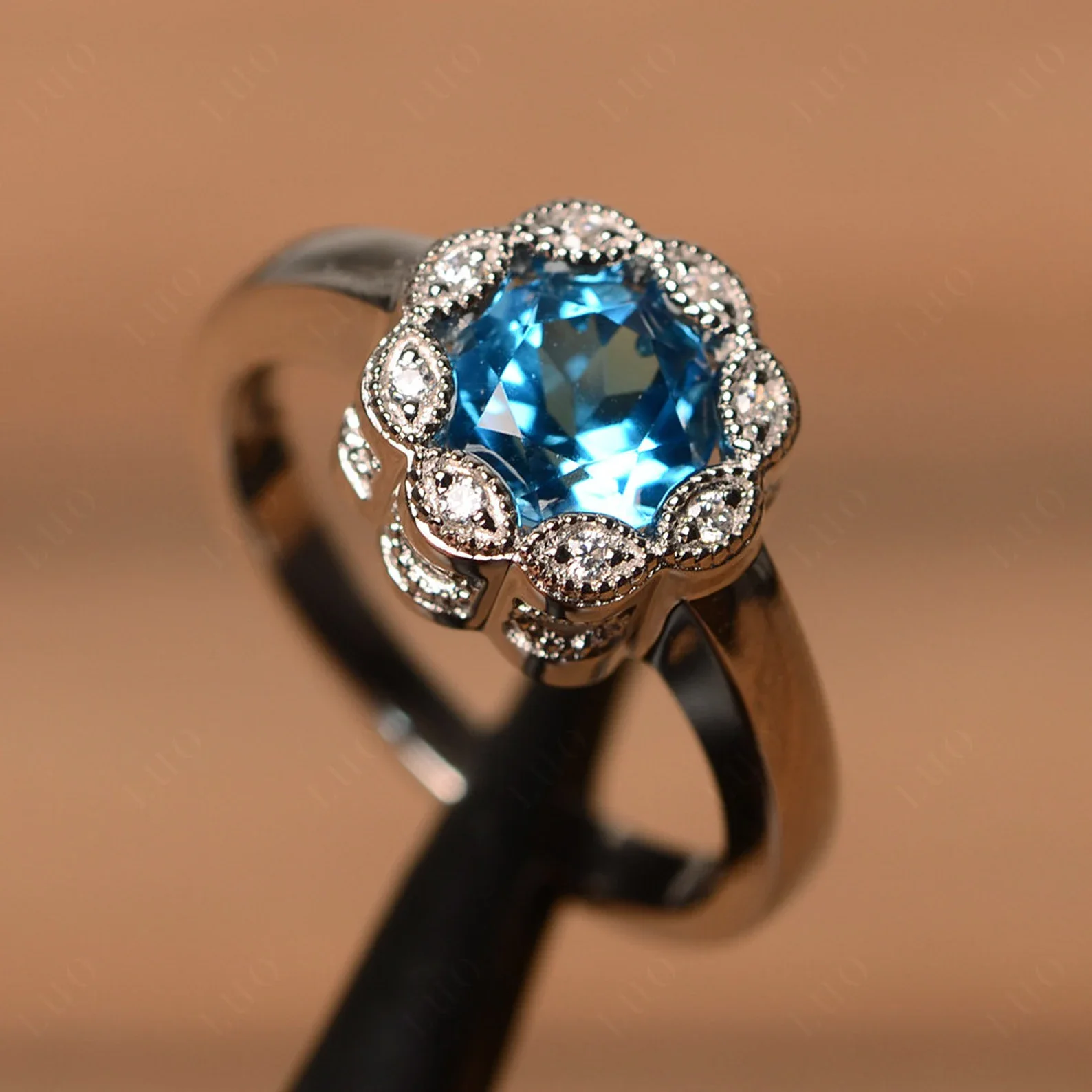 Vintage Swiss Blue Topaz Ring Halo Flower Ring - Image 10