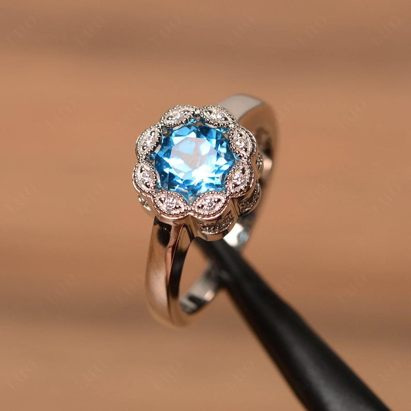 Vintage Swiss Blue Topaz Ring Halo Flower Ring - Image 11