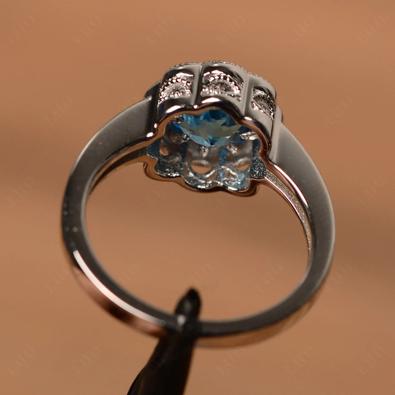 Vintage Swiss Blue Topaz Ring Halo Flower Ring - Image 12