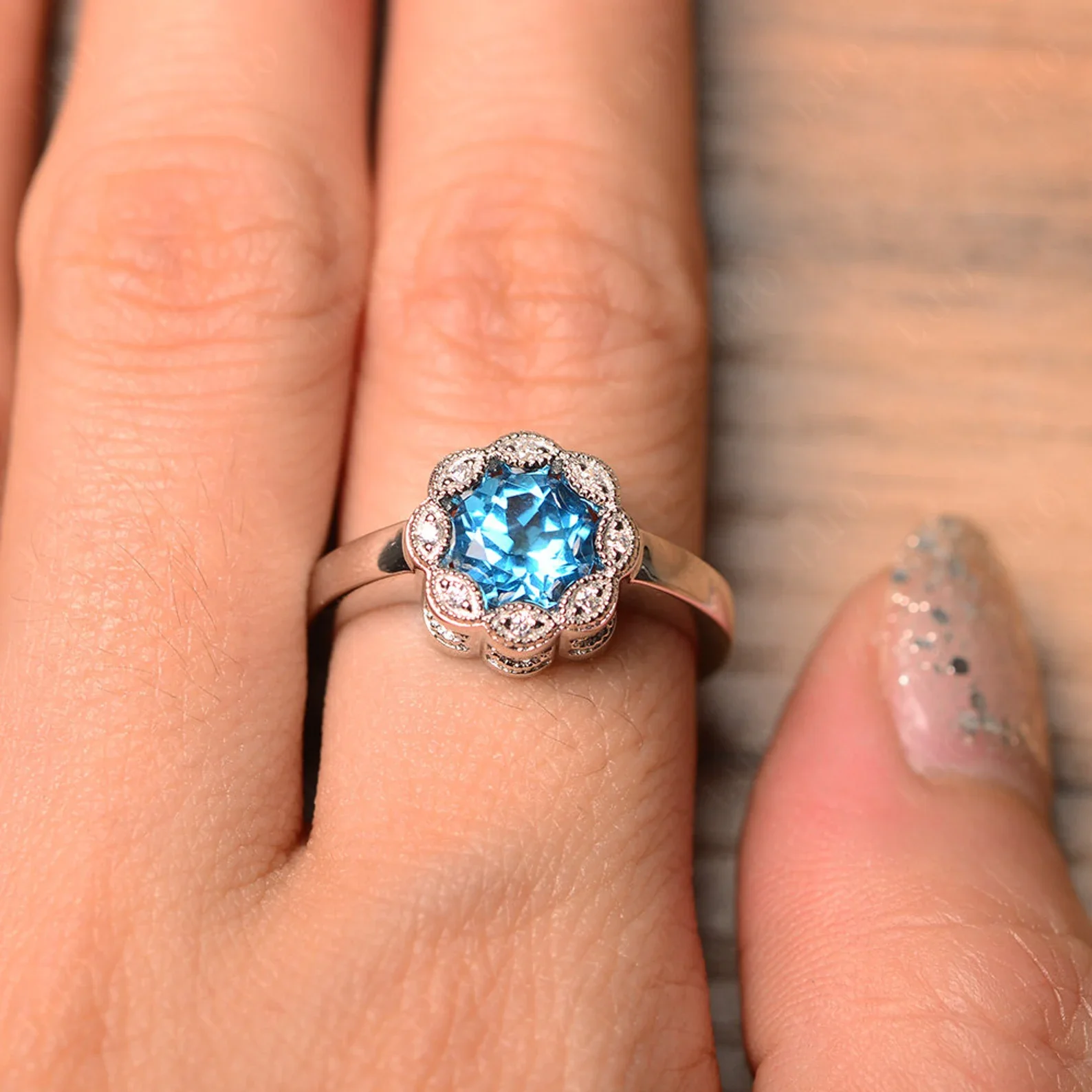 Vintage Swiss Blue Topaz Ring Halo Flower Ring - Image 13