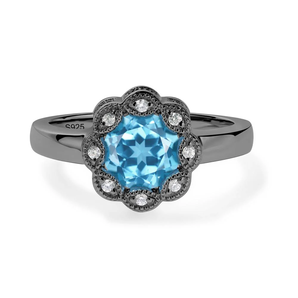 Vintage Swiss Blue Topaz Ring Halo Flower Ring - Image 3