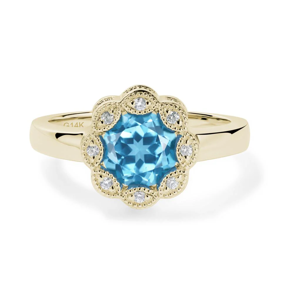 Vintage Swiss Blue Topaz Ring Halo Flower Ring - Image 4