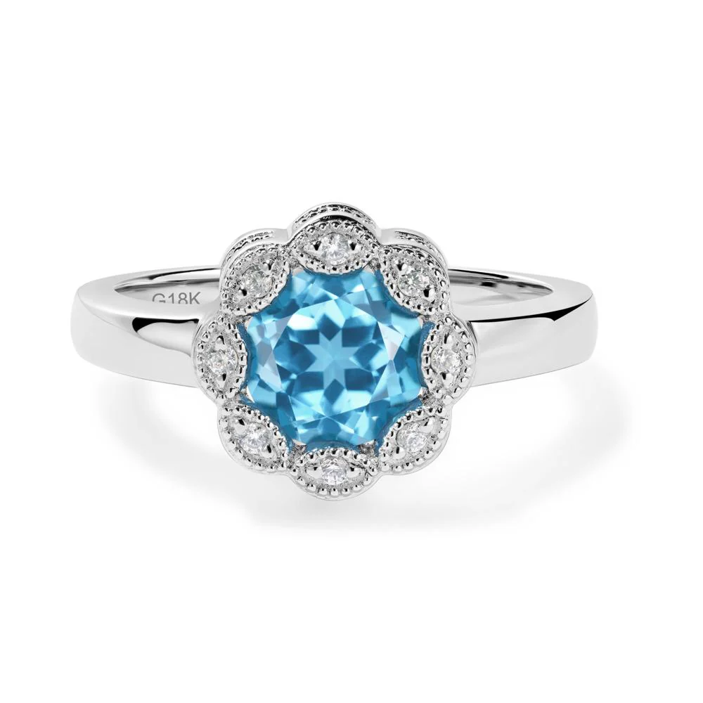 Vintage Swiss Blue Topaz Ring Halo Flower Ring - Image 5