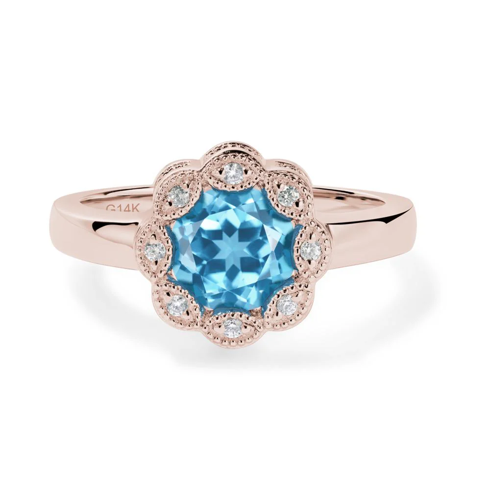 Vintage Swiss Blue Topaz Ring Halo Flower Ring - Image 8