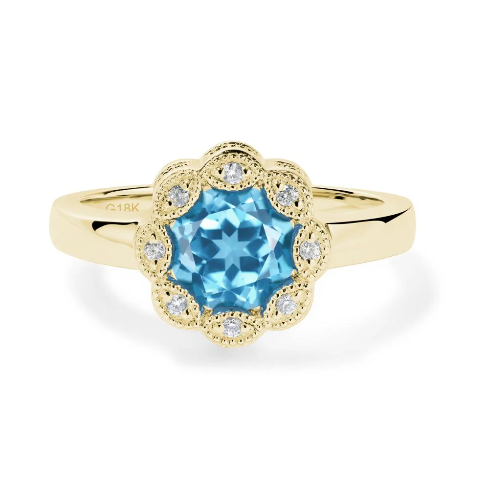 Vintage Swiss Blue Topaz Ring Halo Flower Ring - Image 9