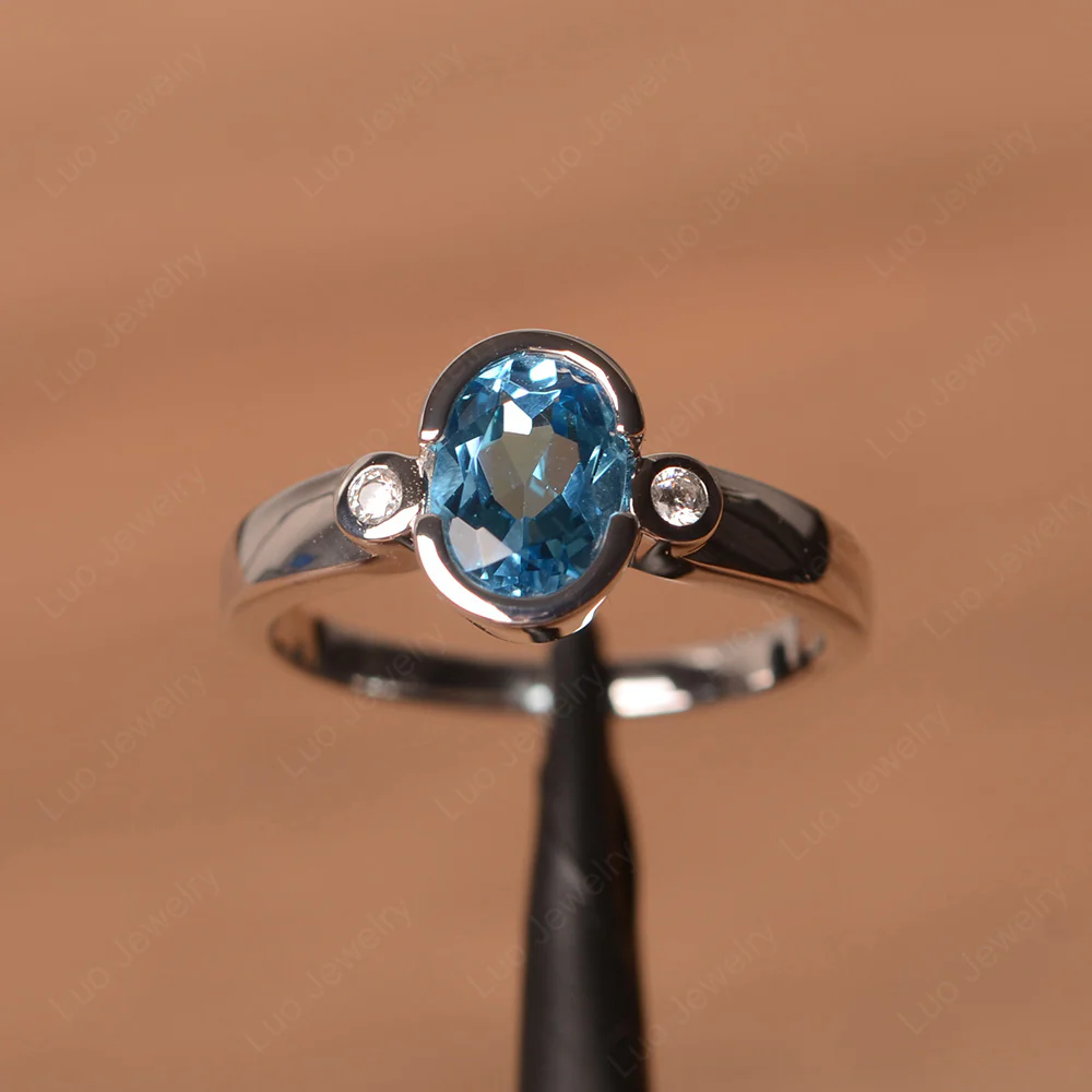 Vintage Swiss Blue Topaz Ring Oval Bezel Set Ring