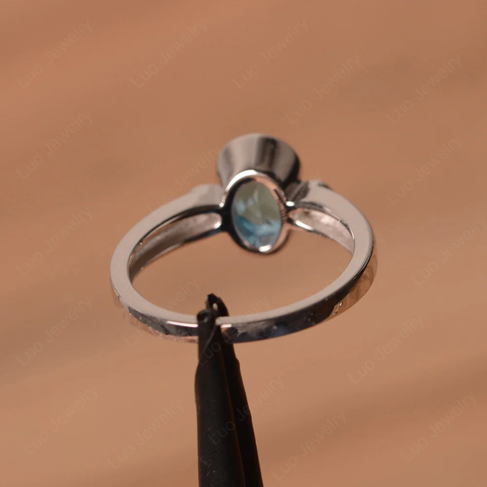 Vintage Swiss Blue Topaz Ring Oval Bezel Set Ring - Image 3