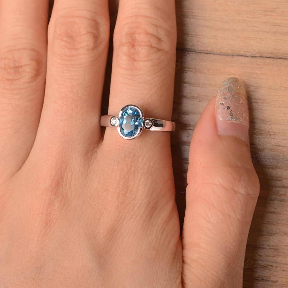 Vintage Swiss Blue Topaz Ring Oval Bezel Set Ring - Image 4