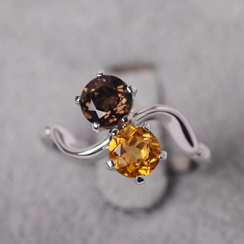 Smoky Quartz and Citrine Ring 2 Stone Twist Ring