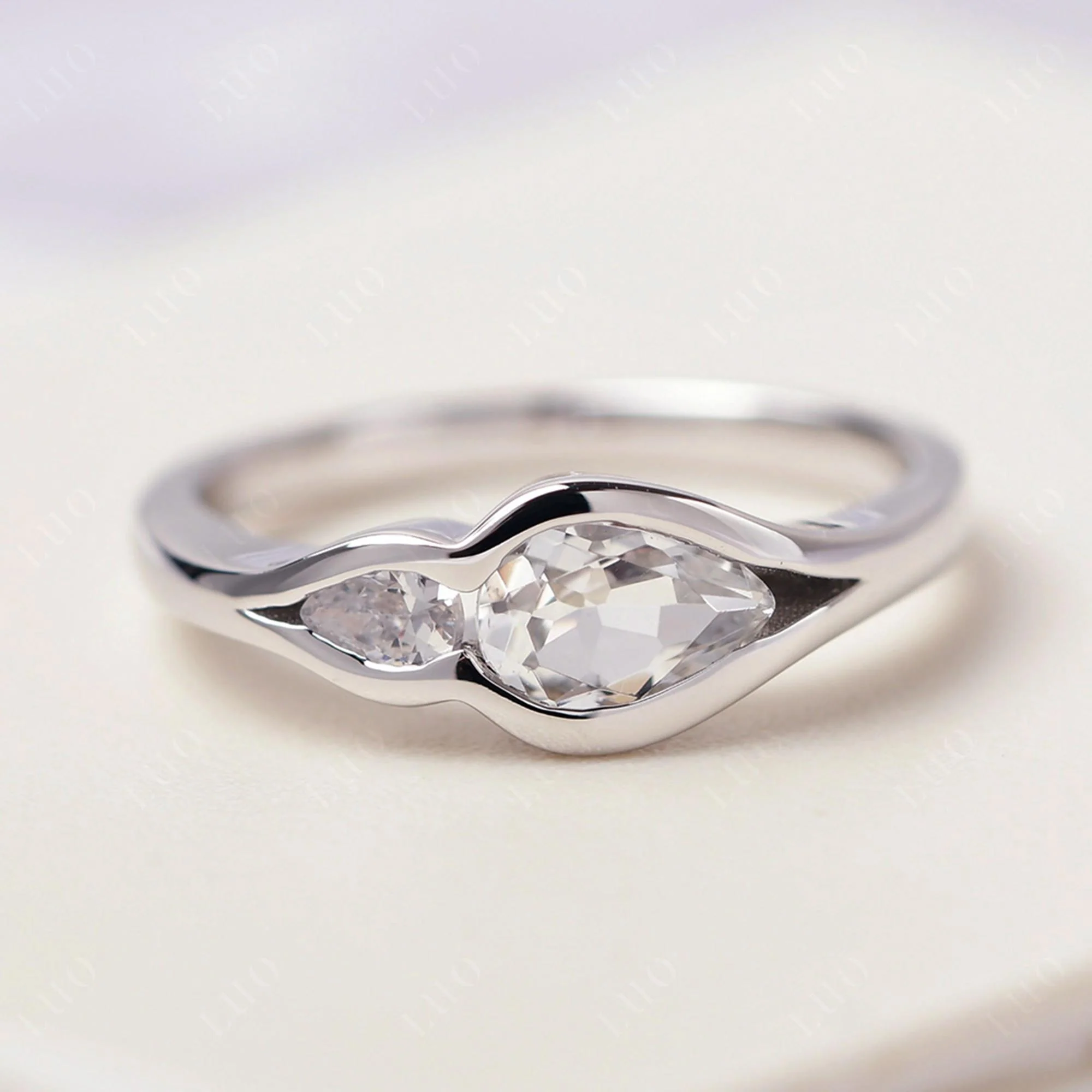 White Topaz Bezel Pear Engagement Ring - Image 10