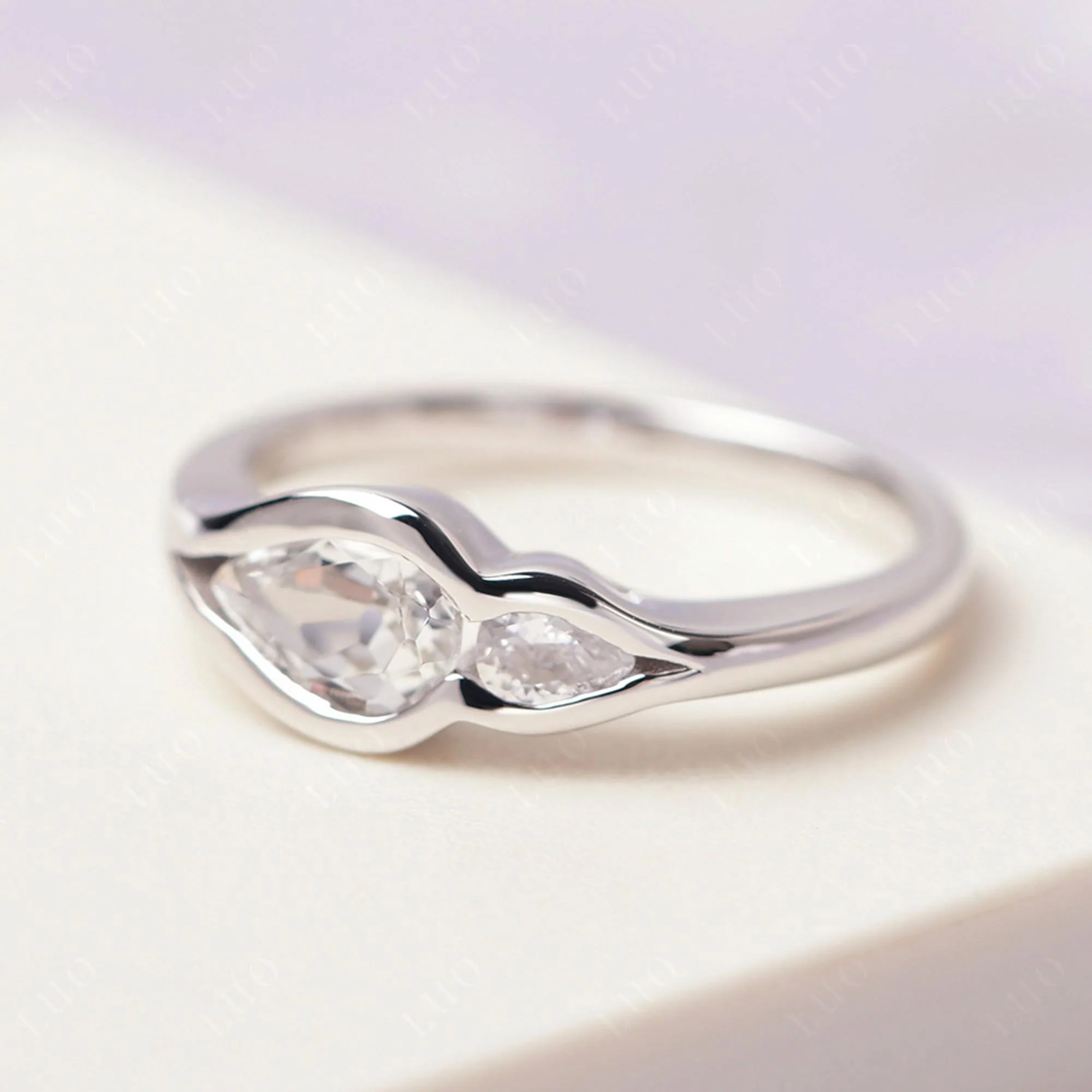 White Topaz Bezel Pear Engagement Ring - Image 11
