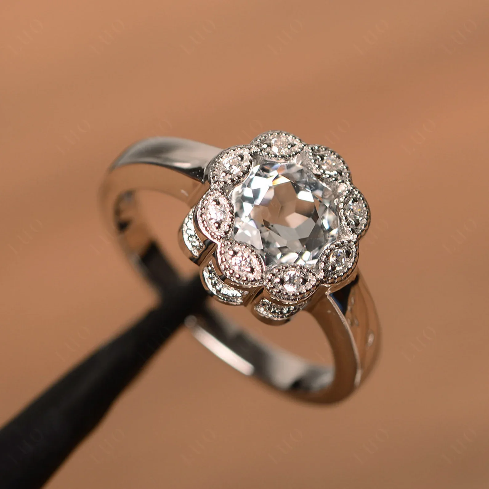 Vintage White Topaz Ring Halo Flower Ring - Image 10
