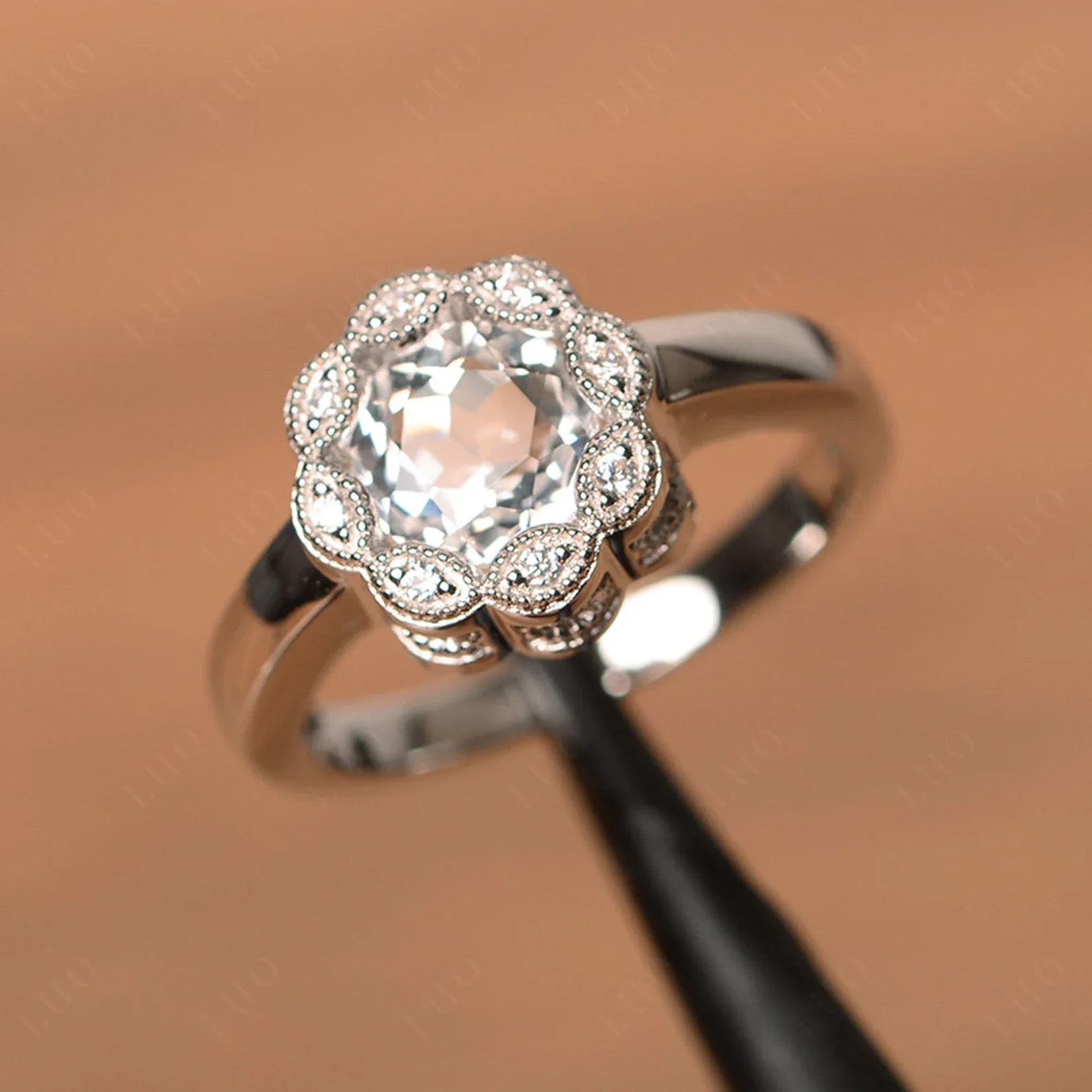 Vintage White Topaz Ring Halo Flower Ring - Image 11