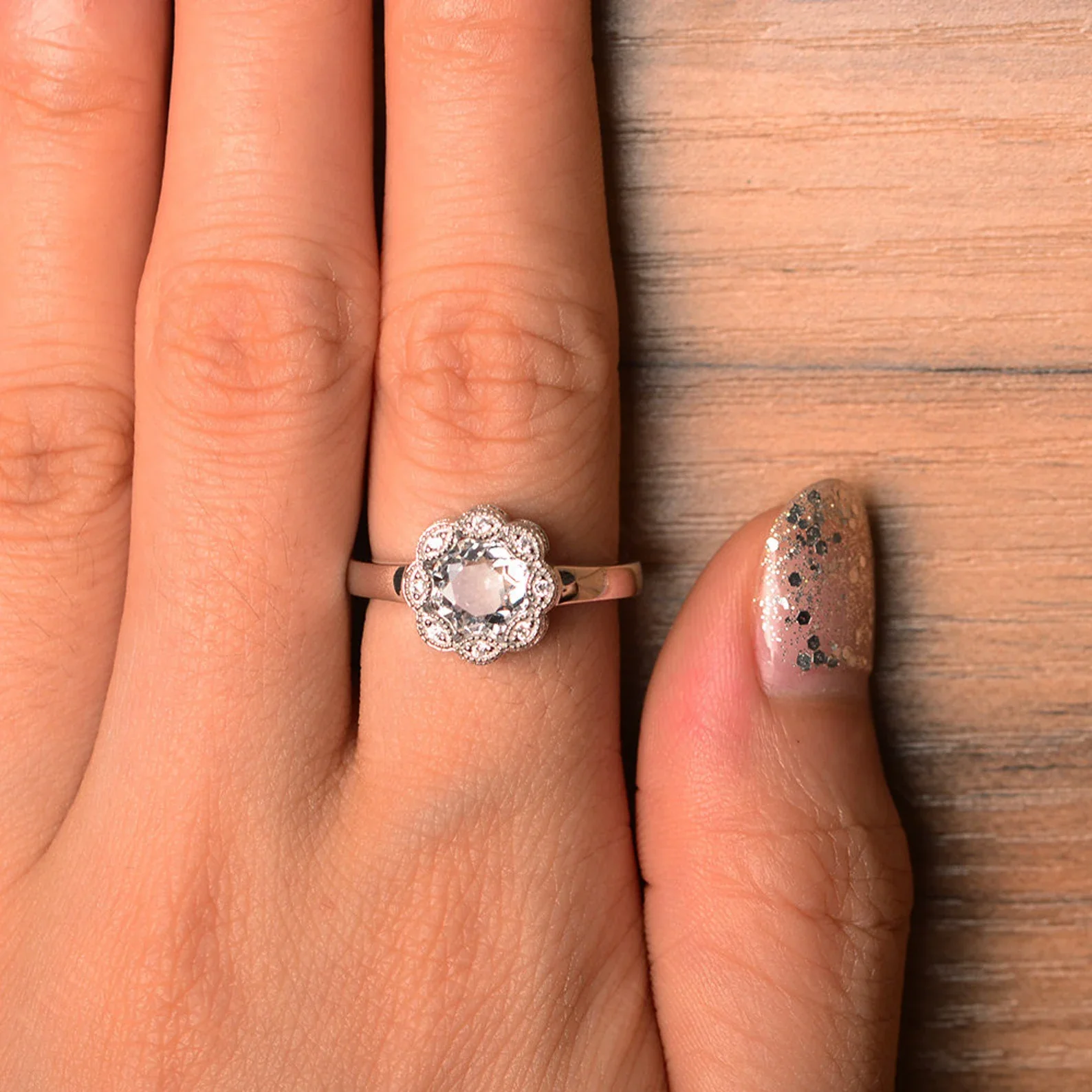 Vintage White Topaz Ring Halo Flower Ring - Image 13