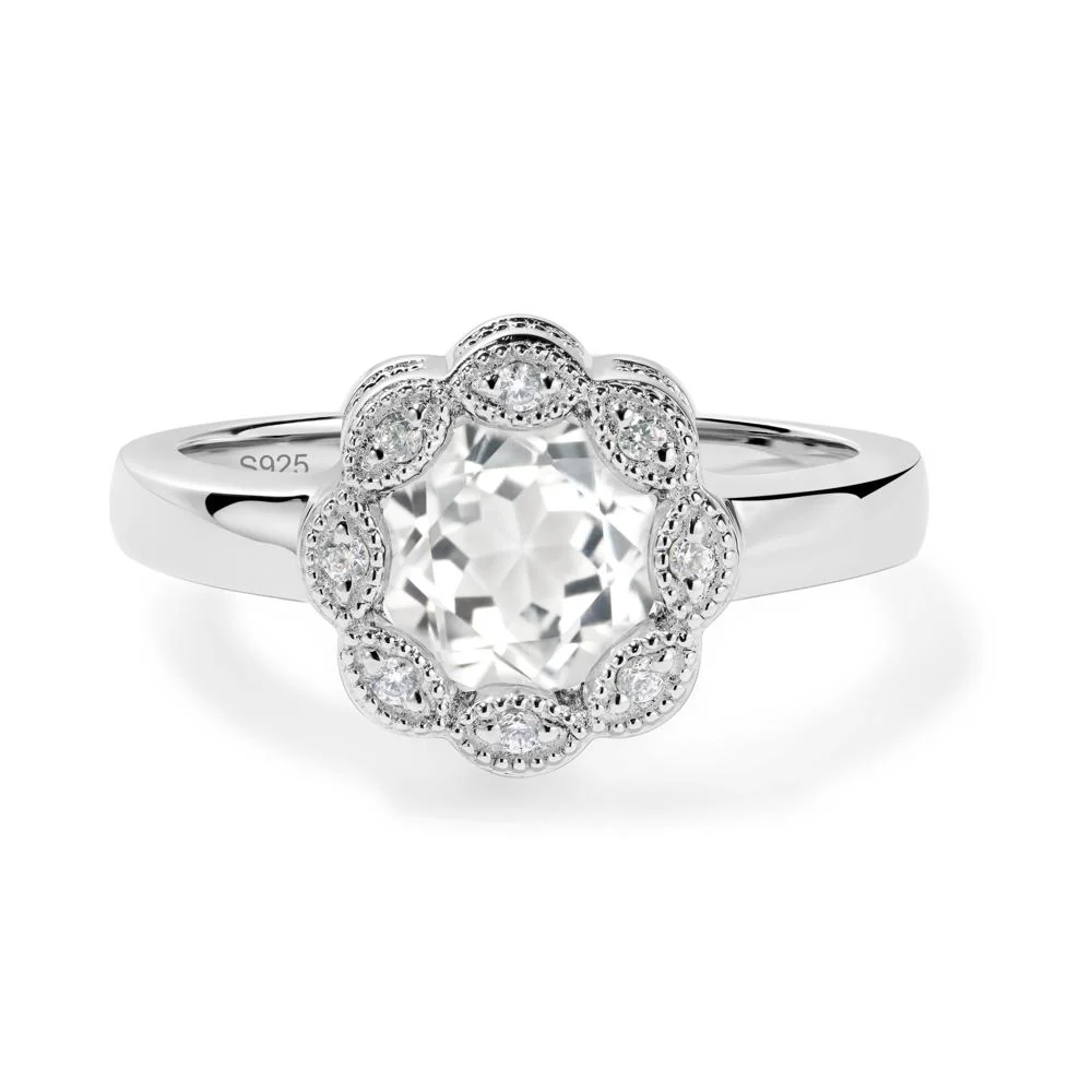 Vintage White Topaz Ring Halo Flower Ring - Image 6