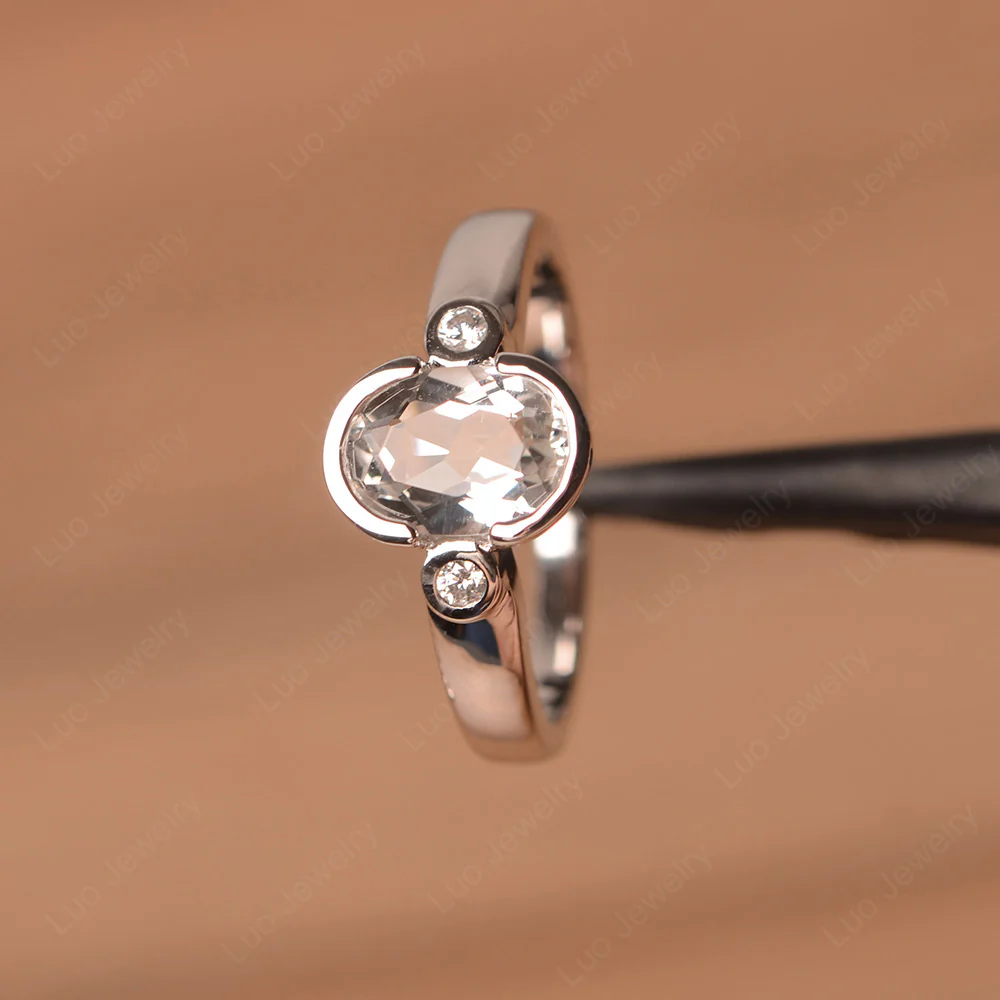Vintage White Topaz Ring Oval Bezel Set Ring - Image 2
