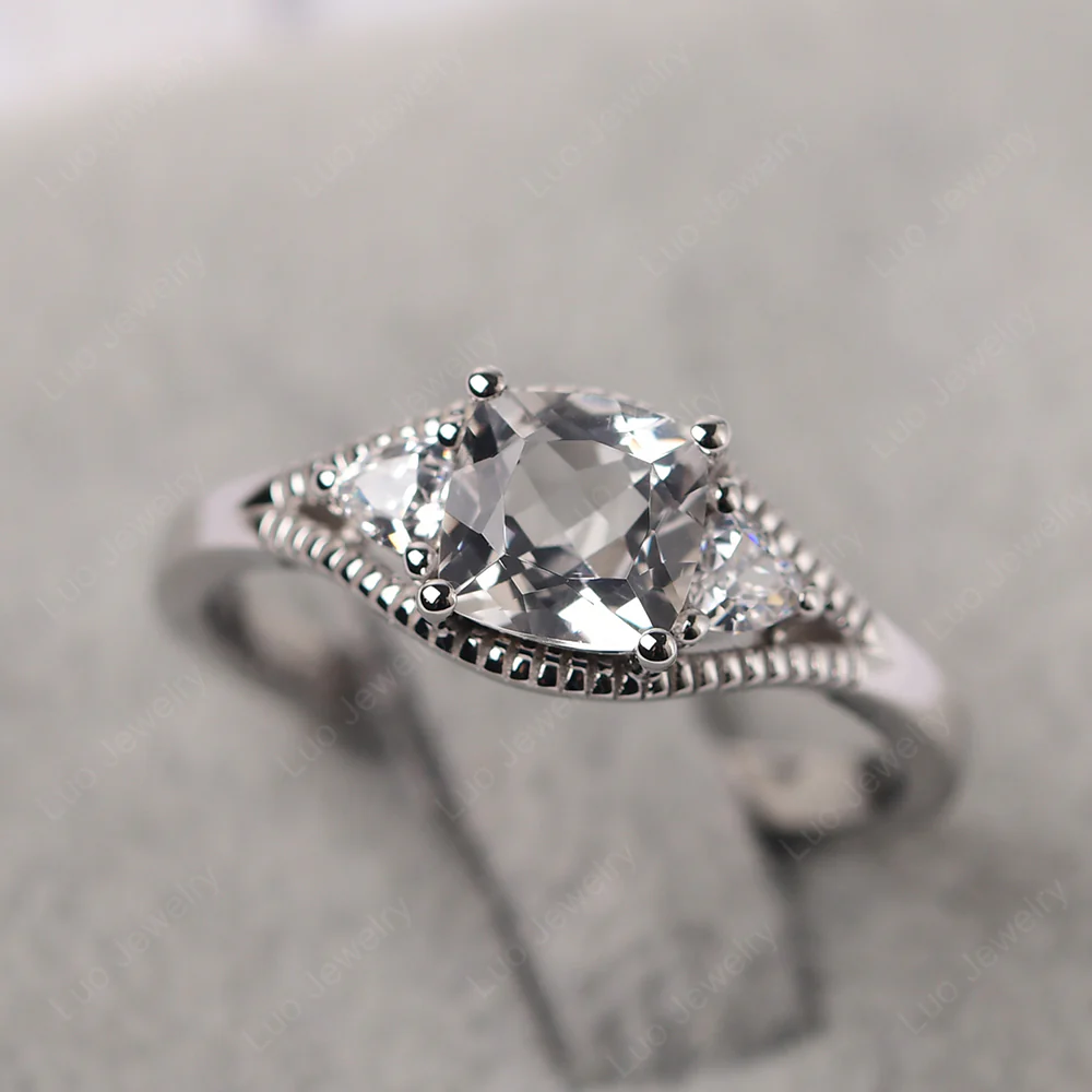 White Topaz Three Stone Cushion Cut Ring