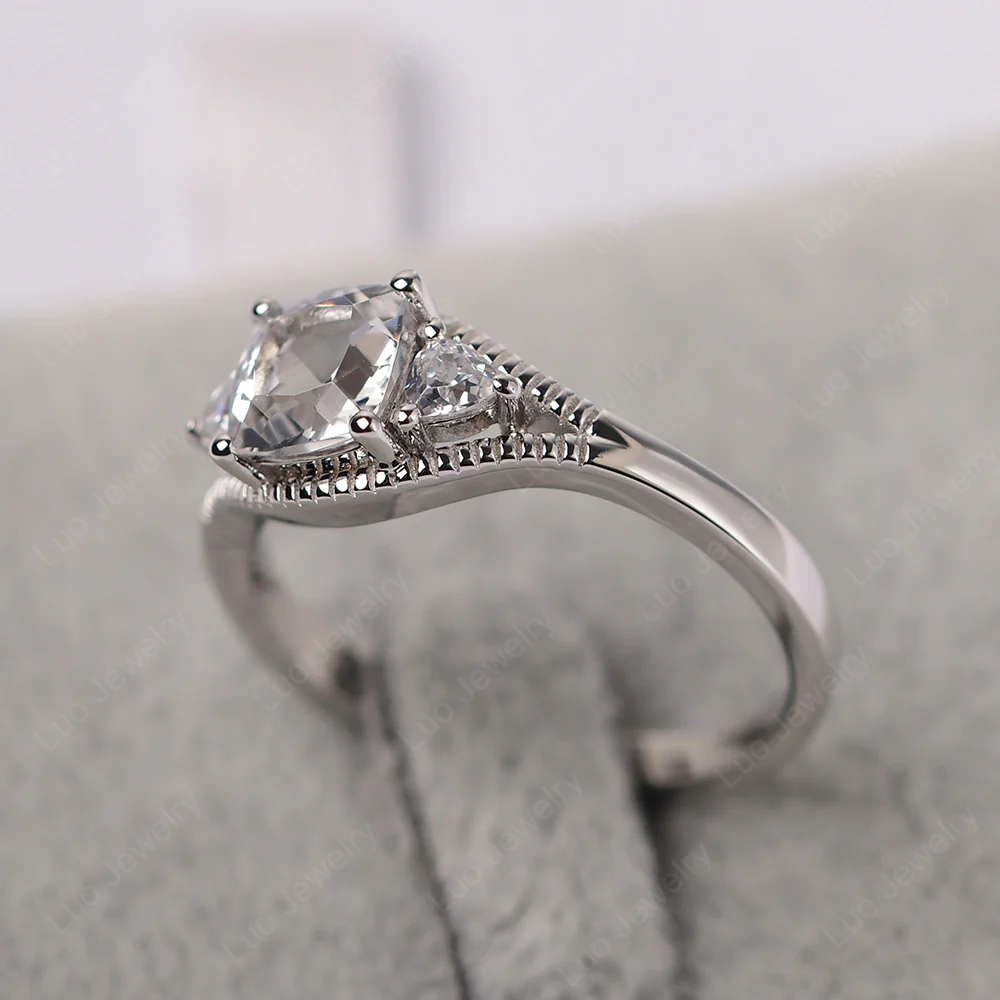 White Topaz Three Stone Cushion Cut Ring - Image 2