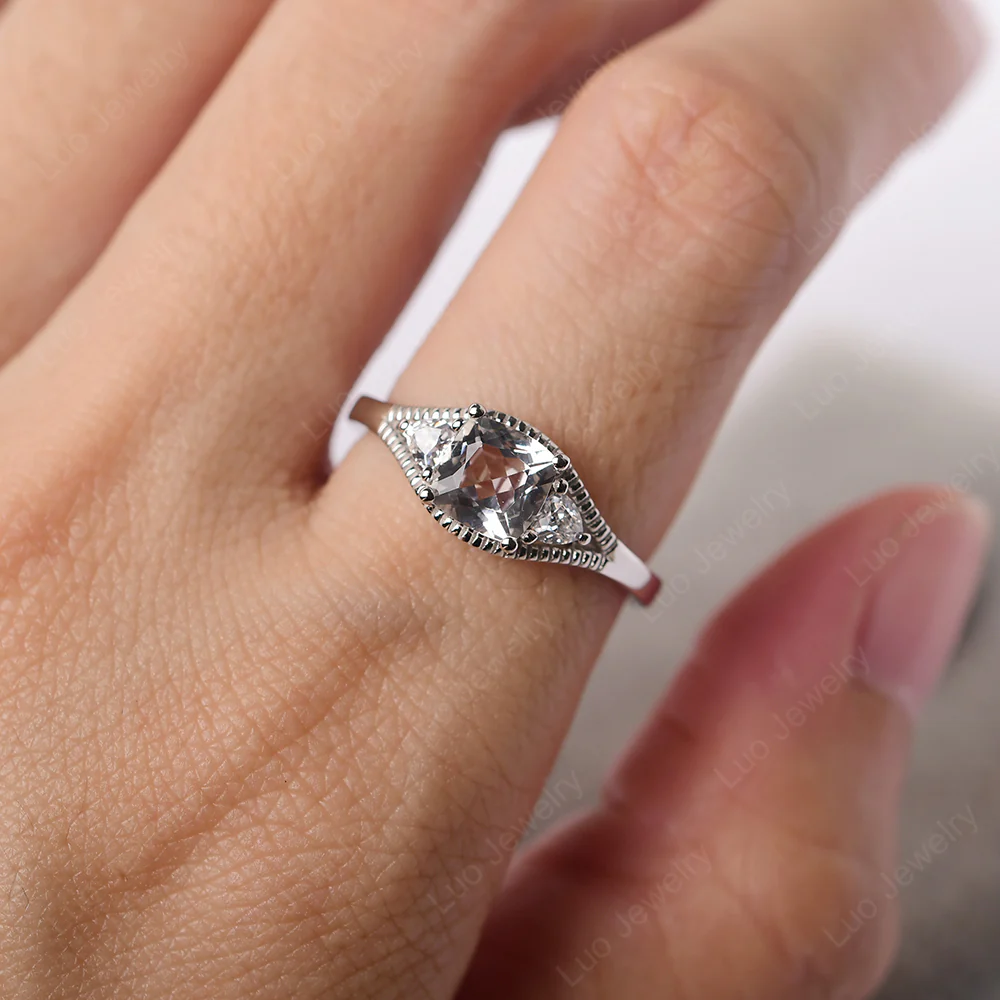 White Topaz Three Stone Cushion Cut Ring - Image 5