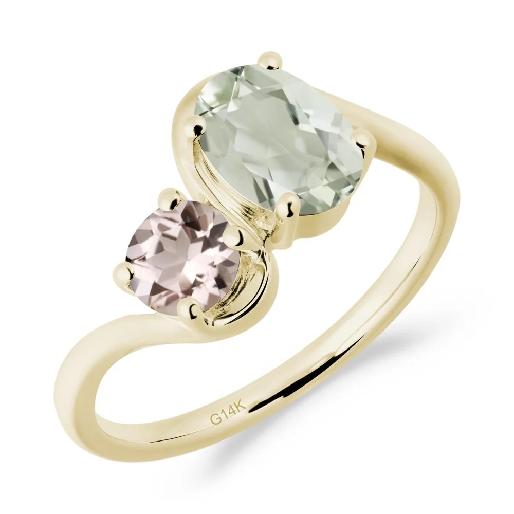 Wavy Bypass Green Amethyst and Morganite Toi Et Moi Ring - Image 3