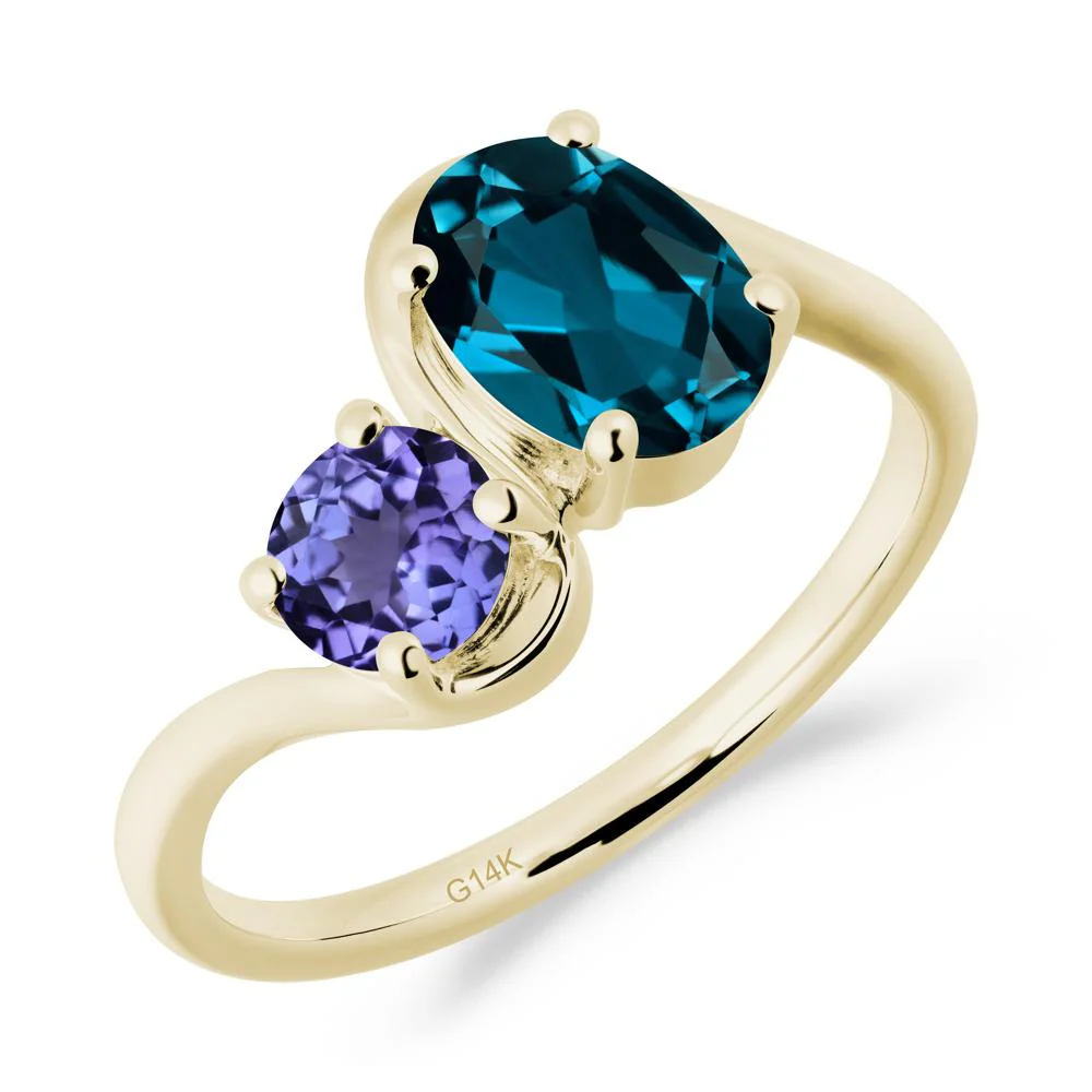 Wavy Bypass London Blue Topaz and Tanzanite Toi Et Moi Ring
