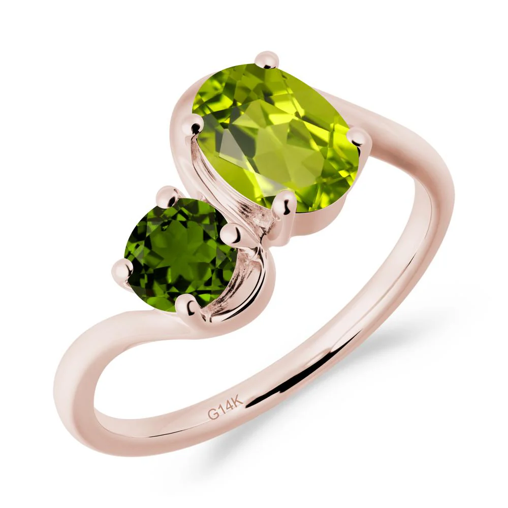 Wavy Bypass Peridot and Diopside Toi Et Moi Ring