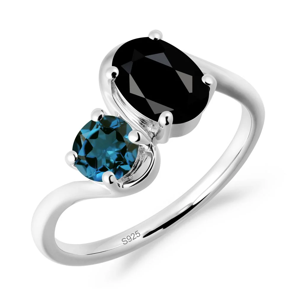 Wavy Bypass Ring with Black Spinel and London Blue Topaz